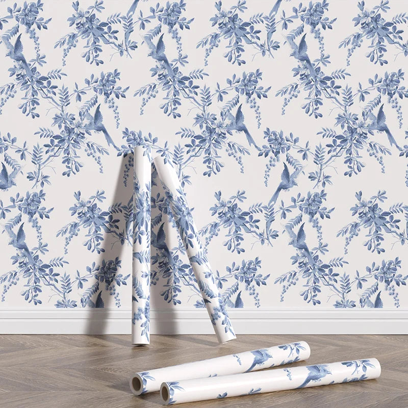 Vintage Blue Botanical Waterproof PVC Peel-and-Stick Wallpaper for Walls, Cabinets & Furniture