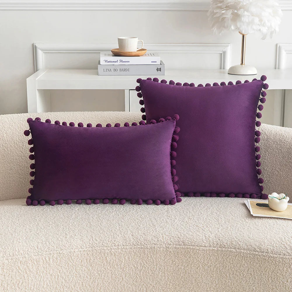 *Purple, Black & Gray Pompom Polyester Velvet Pillow Cover – 17.72 or 19.69 in Square / 11.81 × 19.69 in Lumbar (45 × 45, 50 × 50 or 30 × 50 cm), 1 Piece