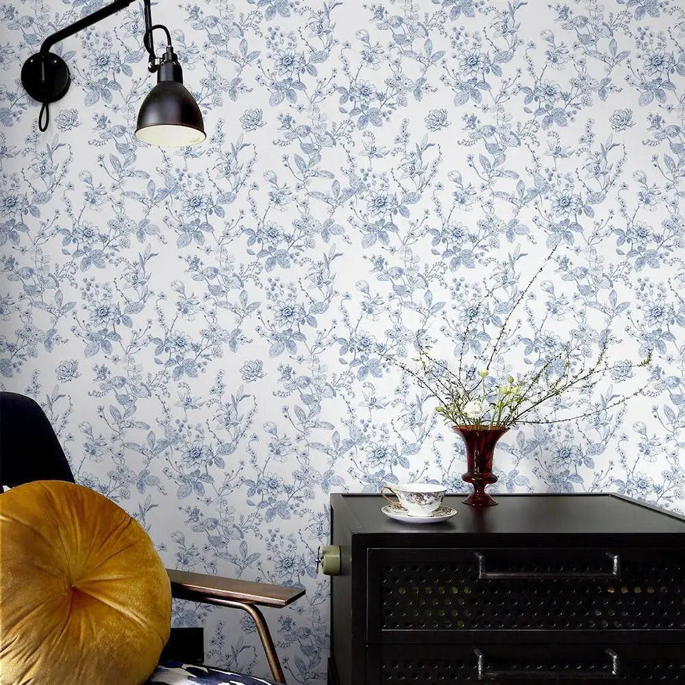 Vintage Blue and White Floral Waterproof Vinyl Peel-and-Stick Wallpaper