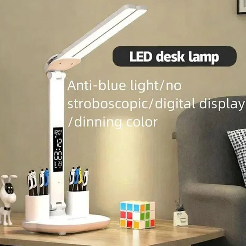 LED Desk Lamp with Clock, Calendar & Temperature Display – USB Rechargeable, Foldable & Touch Dimmable