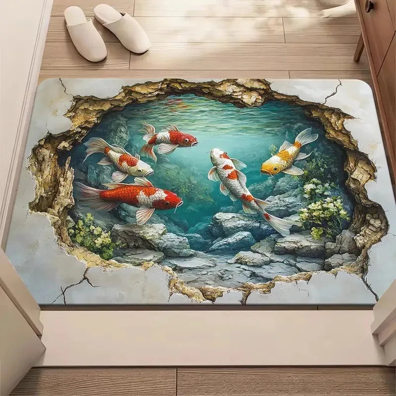 3D Koi Pond Decorative Doormat – Non-Slip Fade-Resistant Washable Flannel Entrance Mat