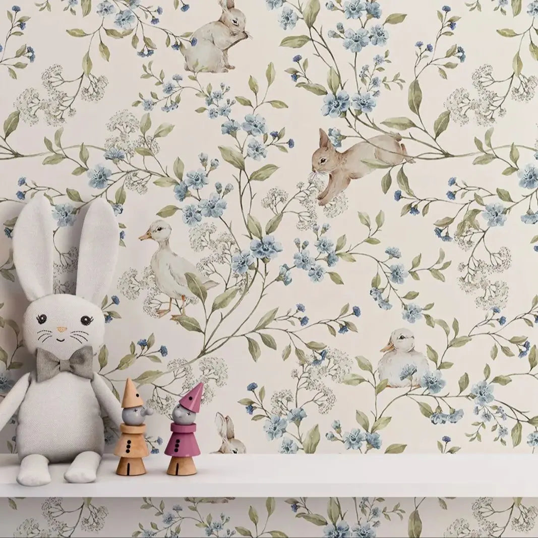 Rabbit & Duck Nursery Traditional or Peel-and-Stick Wallpaper – Cute Animal Wall Mural for Kids’ Rooms