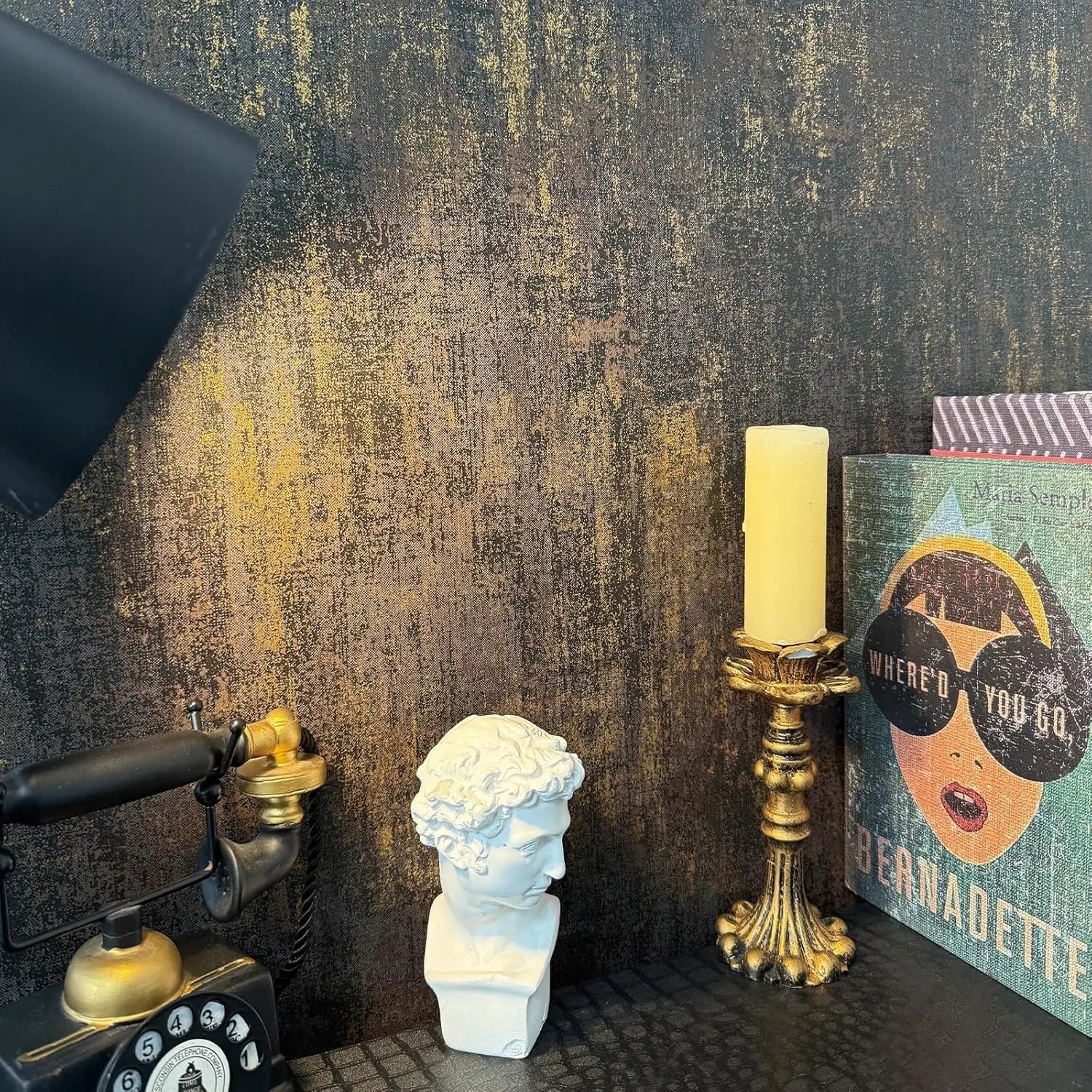 Black Gold Metallic Concrete PVC Peel and Stick Wallpaper