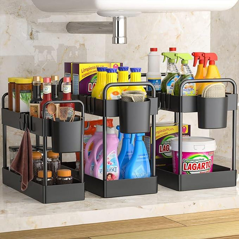 3 Pack Under Sink Organizers And Storage With Dividers,2-Tier Bathroom Organizers and Storage,Kitchen Organization,Cabinet Organizer With Hooks,Hanging Cup,Dividers,Handles