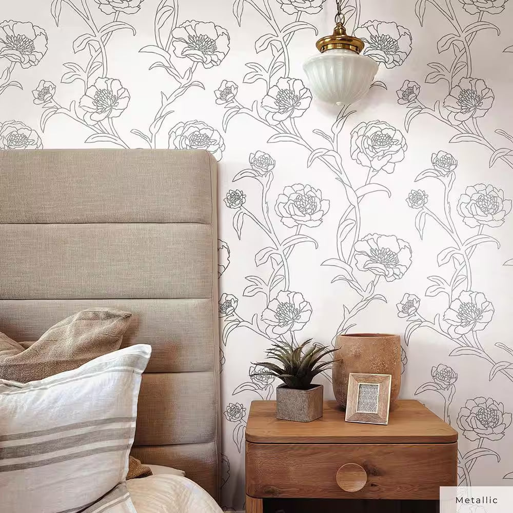 Metallic Black and White Peonies Vinyl Peel and Stick Wallpaper Roll