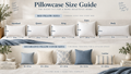 Pillowcase size guide infographic comparing Standard 20 × 26 in, Queen 20 × 30 in, King 20 × 36 in, Euro 26 × 26 in, and common decorative pillow cover sizes.
