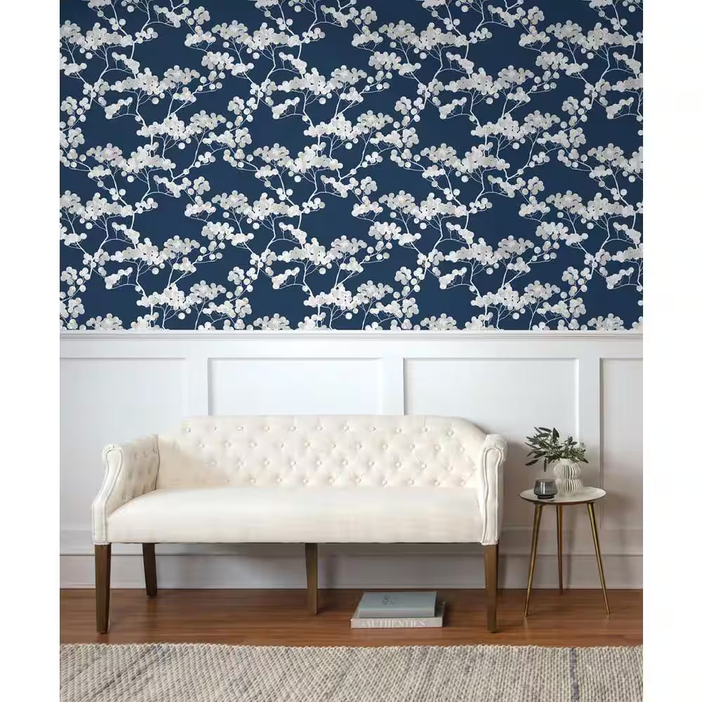 Cyprus Blossom Navy Blue and Grey Floral Vinyl Peel and Stick Wallpaper Roll