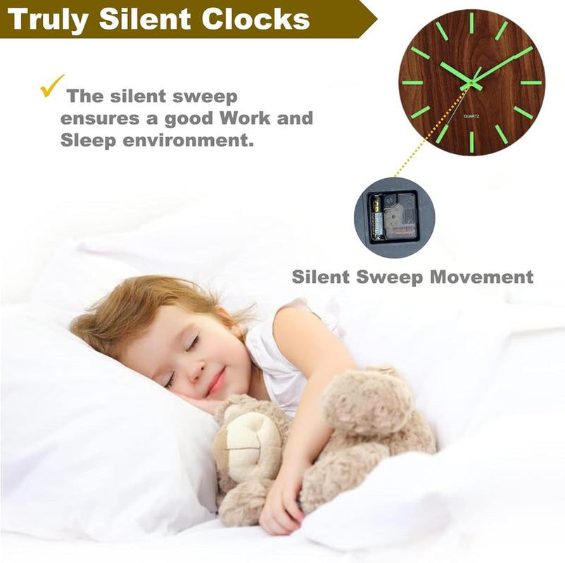 12" Luminous Wooden Wall Clock – Silent Non-Ticking Quartz, Large Numbers & Hands, Easy to Read Day & Night