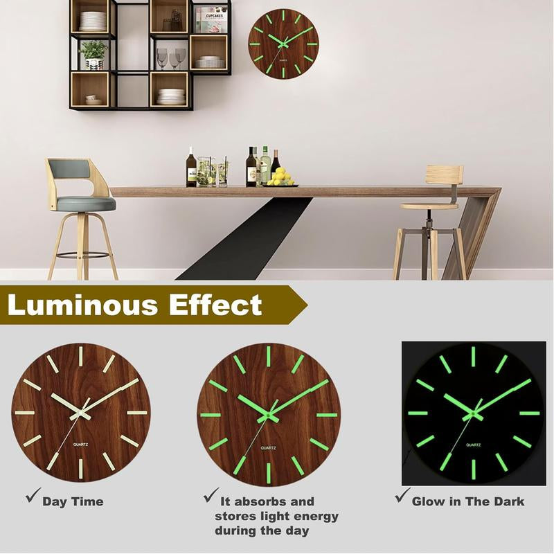 12" Luminous Wooden Wall Clock – Silent Non-Ticking Quartz, Large Numbers & Hands, Easy to Read Day & Night