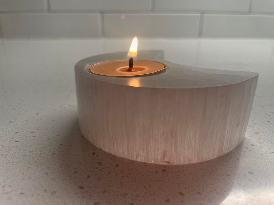 Moon Selenite Crystal Candle Holder with 4 Pure Beeswax Tea Lights – Home Decor & Relaxation Set