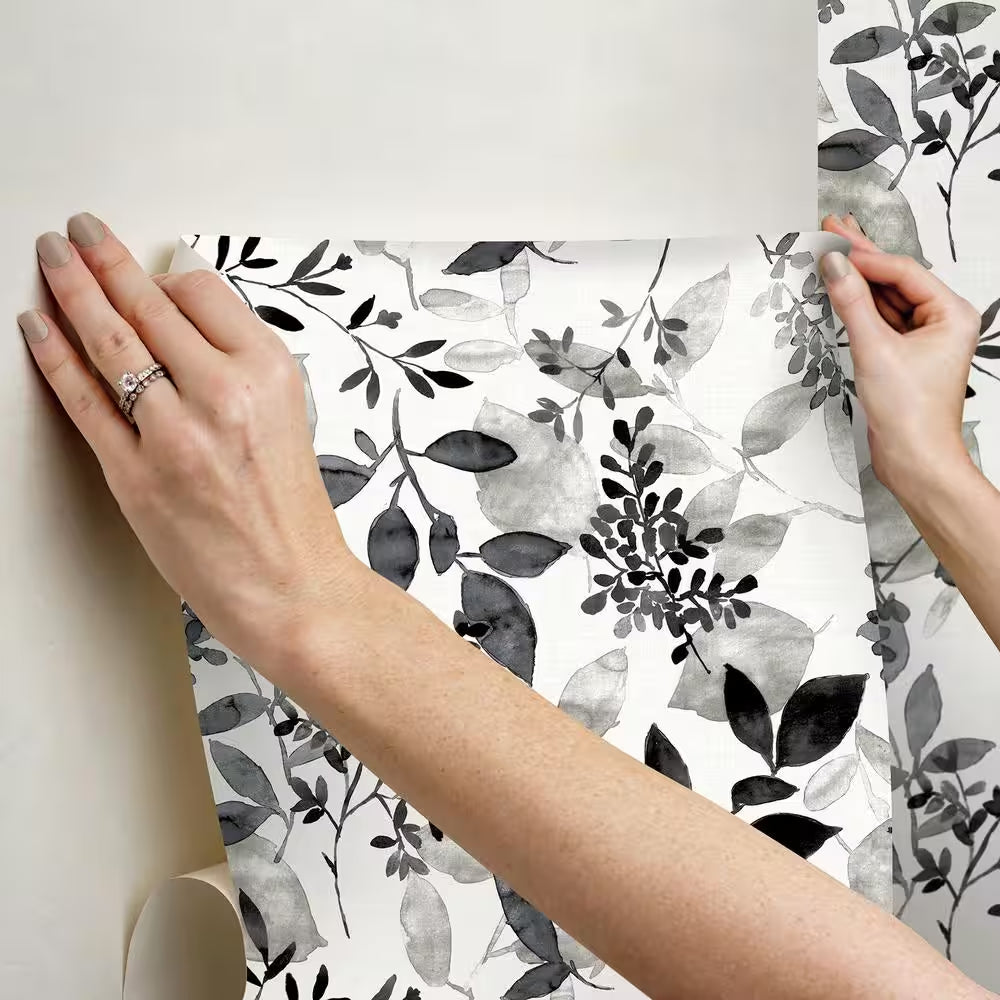 Black Breezy Floral Botanical Vinyl Peel and Stick Wallpaper Roll
