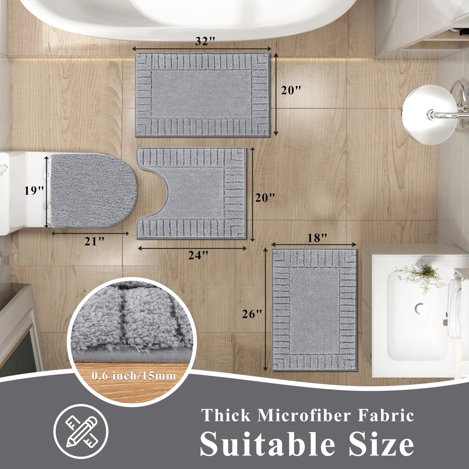 Bathroom Rugs Set of 4 Piece, Bath Mats, Microfiber Non Slip Shaggy Ultra Soft Bathroom Runner with U Shaped Contour Toilet Mat for Bathroom, Shower Inside Floor, Gray