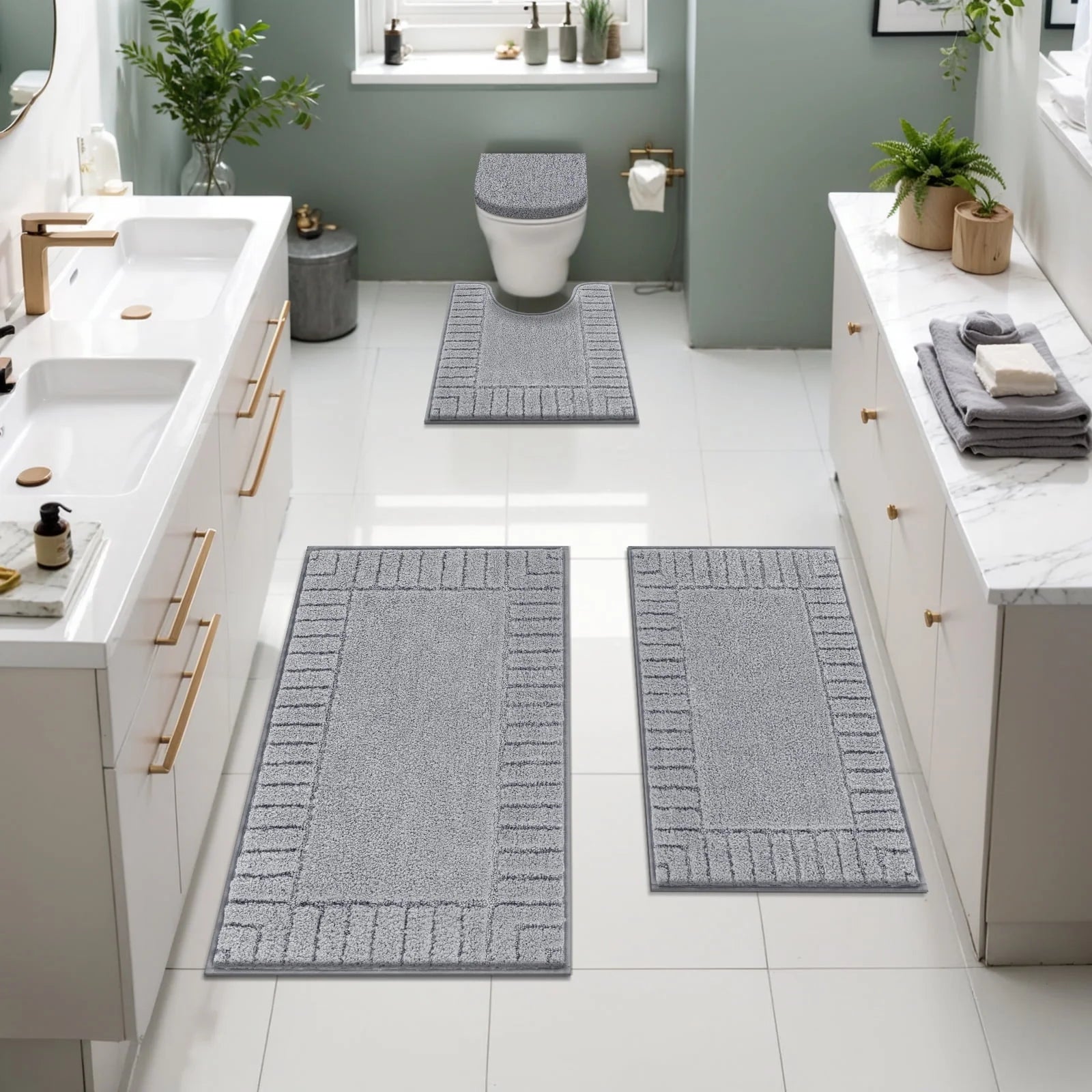 Bathroom Rugs Set of 4 Piece, Bath Mats, Microfiber Non Slip Shaggy Ultra Soft Bathroom Runner with U Shaped Contour Toilet Mat for Bathroom, Shower Inside Floor, Gray