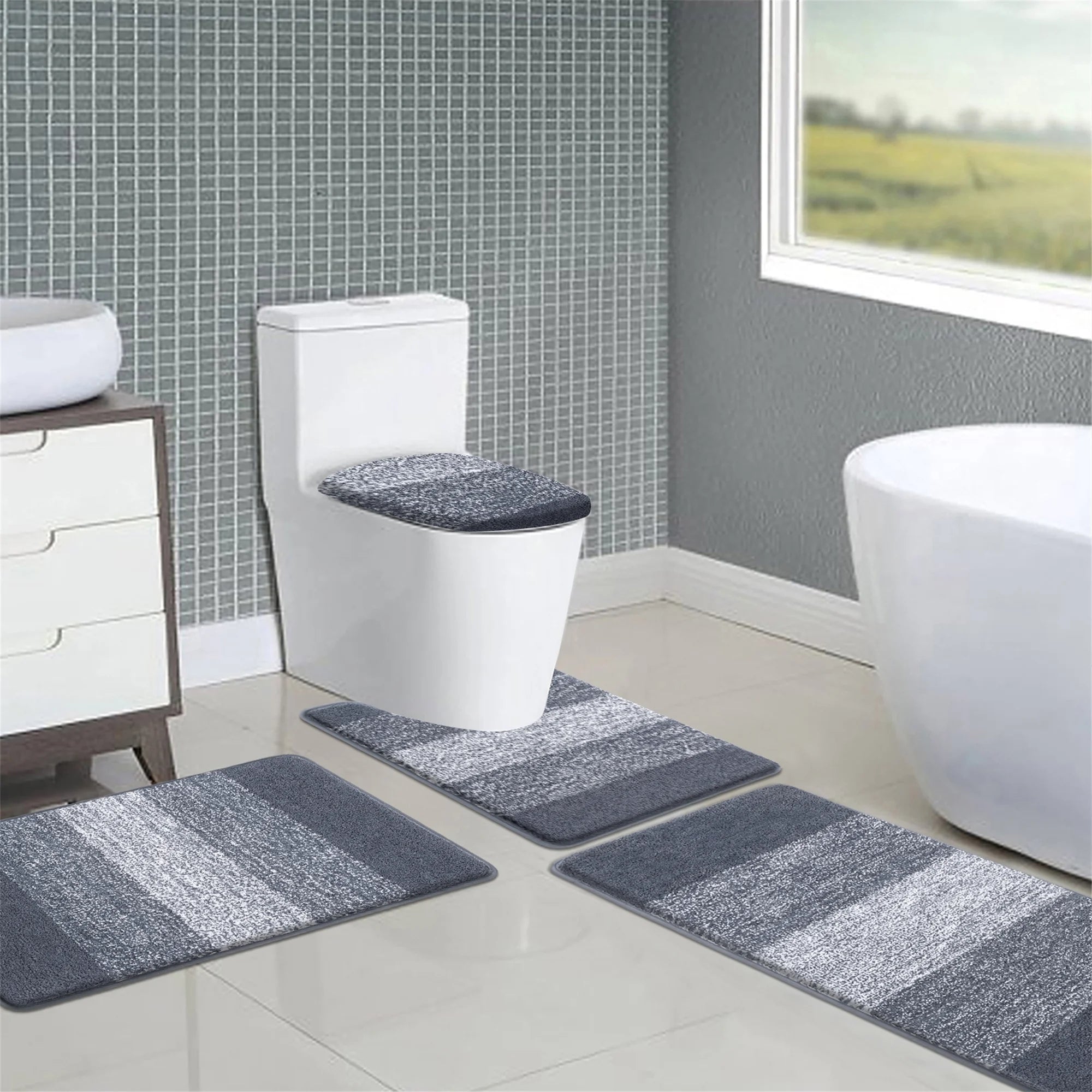 Traditional 4 Piece Microfiber Washable Bathroom Rug Set, Grey