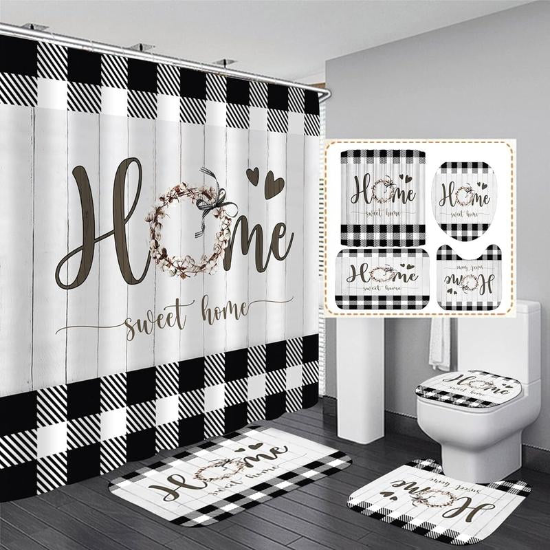 Black & White Rustic Bathroom Set – Shower Curtain with Matching Rugs & Toilet Mat