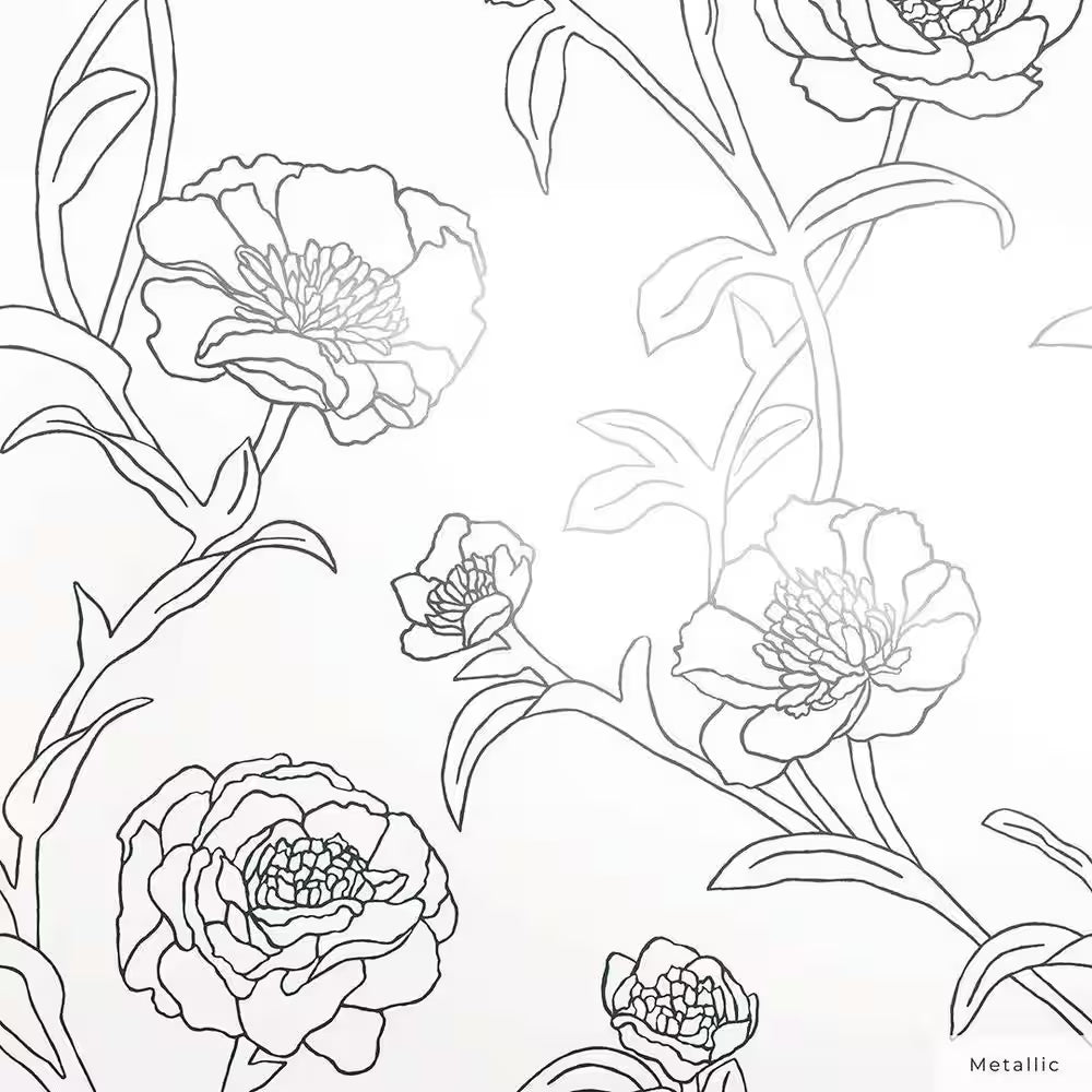 Metallic Black and White Peonies Vinyl Peel and Stick Wallpaper Roll