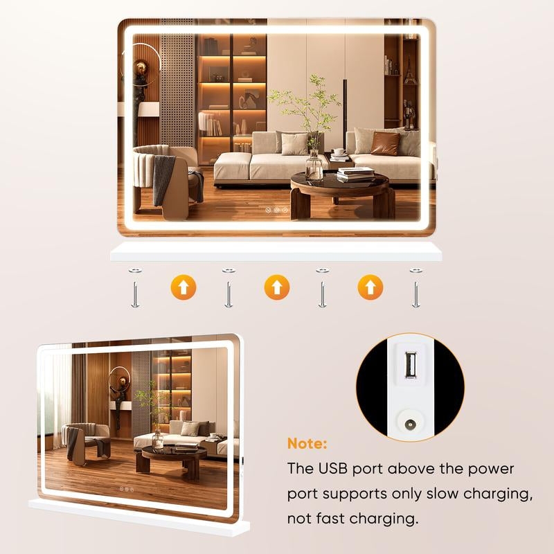 LED Makeup Mirror with 3-Mode Lighting, Touch Control, 10x Magnification, Detachable Base
