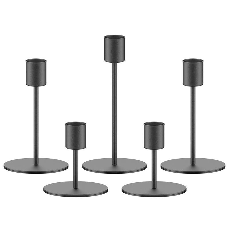 Black Iron Candlestick Holders Set of 5 – Taper Candle Candelabra, 0.9" Diameter, Ideal for Home Decor