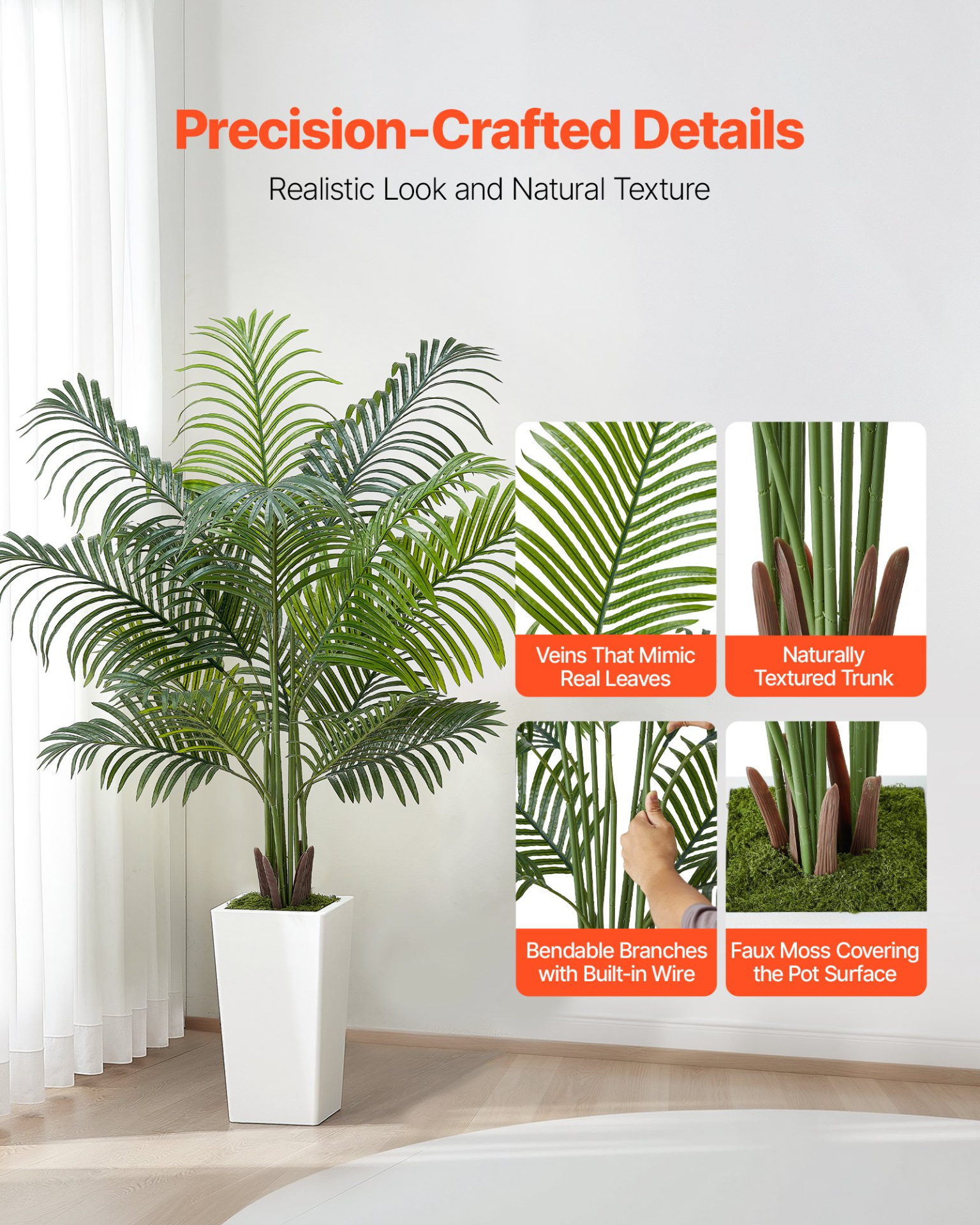 VEVOR 5 ft Artificial Areca Palm Tree with White Tall Planter – Faux Tropical Floor Plant for Home, Office & Living Room Décor, Indoor & Outdoor