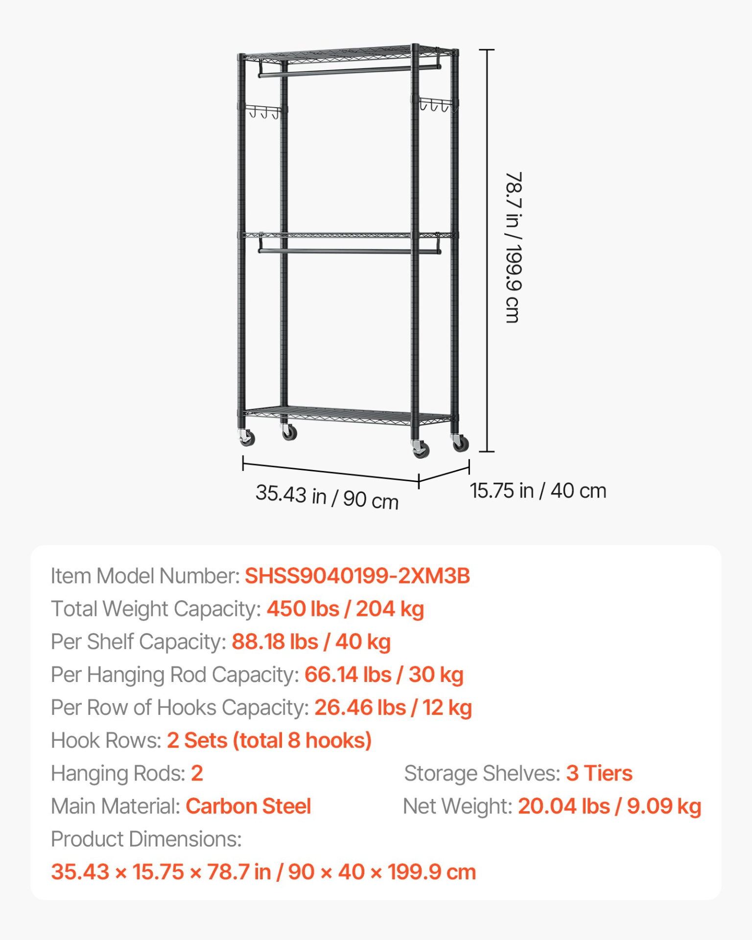 VEVOR Rolling Clothes Rack, Heavy Duty Clothing Garment Rack, 3 Adjustable Tiers Clothing Racks with Carbon Steel, 450 lbs Load Capacity Closet Wardrobe for Bedroom, Clothing Store, Hallway