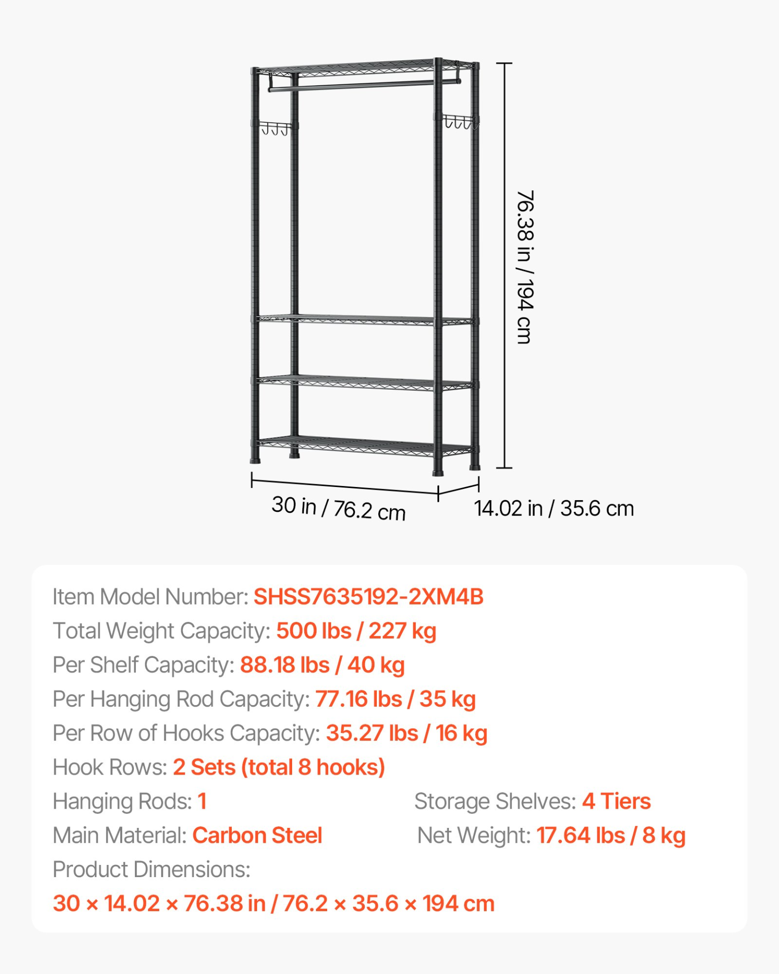 VEVOR Clothing Garment Rack, Heavy Duty Clothing Garment Rack, 4 Adjustable Tiers Clothing Racks with Carbon Steel, 500 lbs Load Capacity Closet Wardrobe for Bedroom, Clothing Store, Hallway