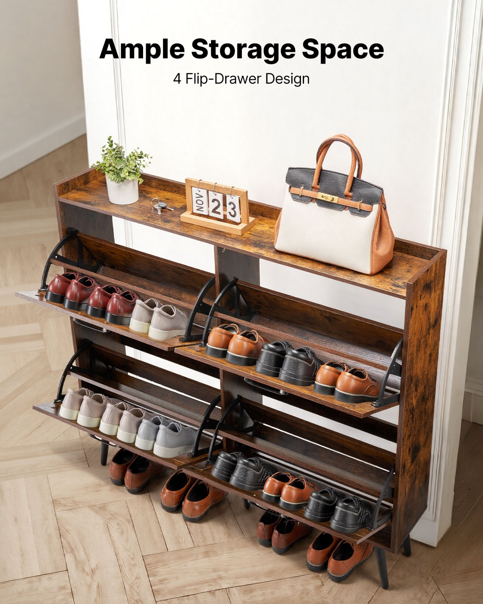 VEVOR Shoe Cabinet with 4 Flip Drawers, Farmhouse Shoes Storage Cabinet with Wood Legs and Anti-Tipping Device, Freestanding Shoe Organizer Ideal for Entryway, Hallway, Bedroom, Living Room, Brown