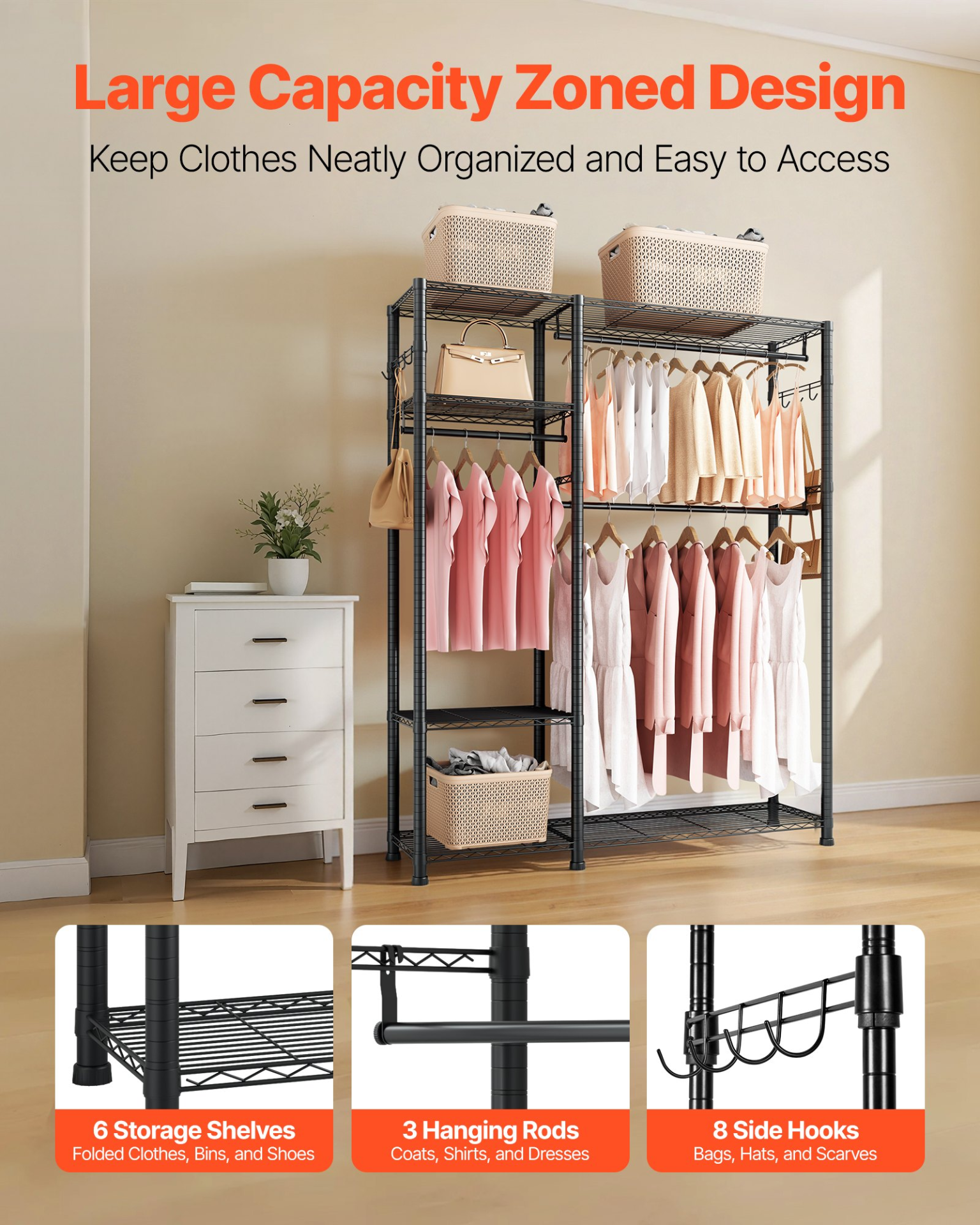 VEVOR Clothing Garment Rack, Heavy Duty Clothes Rack, 6 Adjustable Tiers Clothes Racks with Steel Frame, 800 lbs Load Capacity Closet Wardrobe with 3 Hanging Rods for Bedroom, Clothing Store, Hallway
