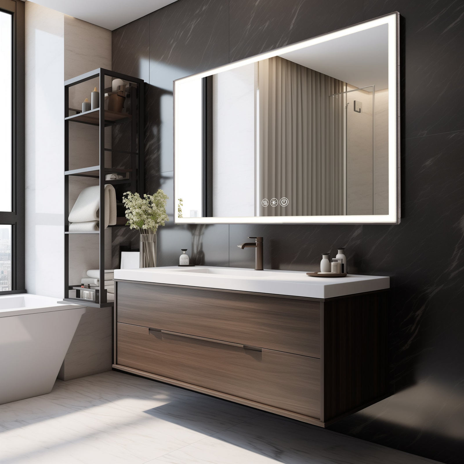 Modern LED Bathroom Vanity Mirror with Aluminum Frame, 45° Beveled Lights, Anti-Fog, 48x32in