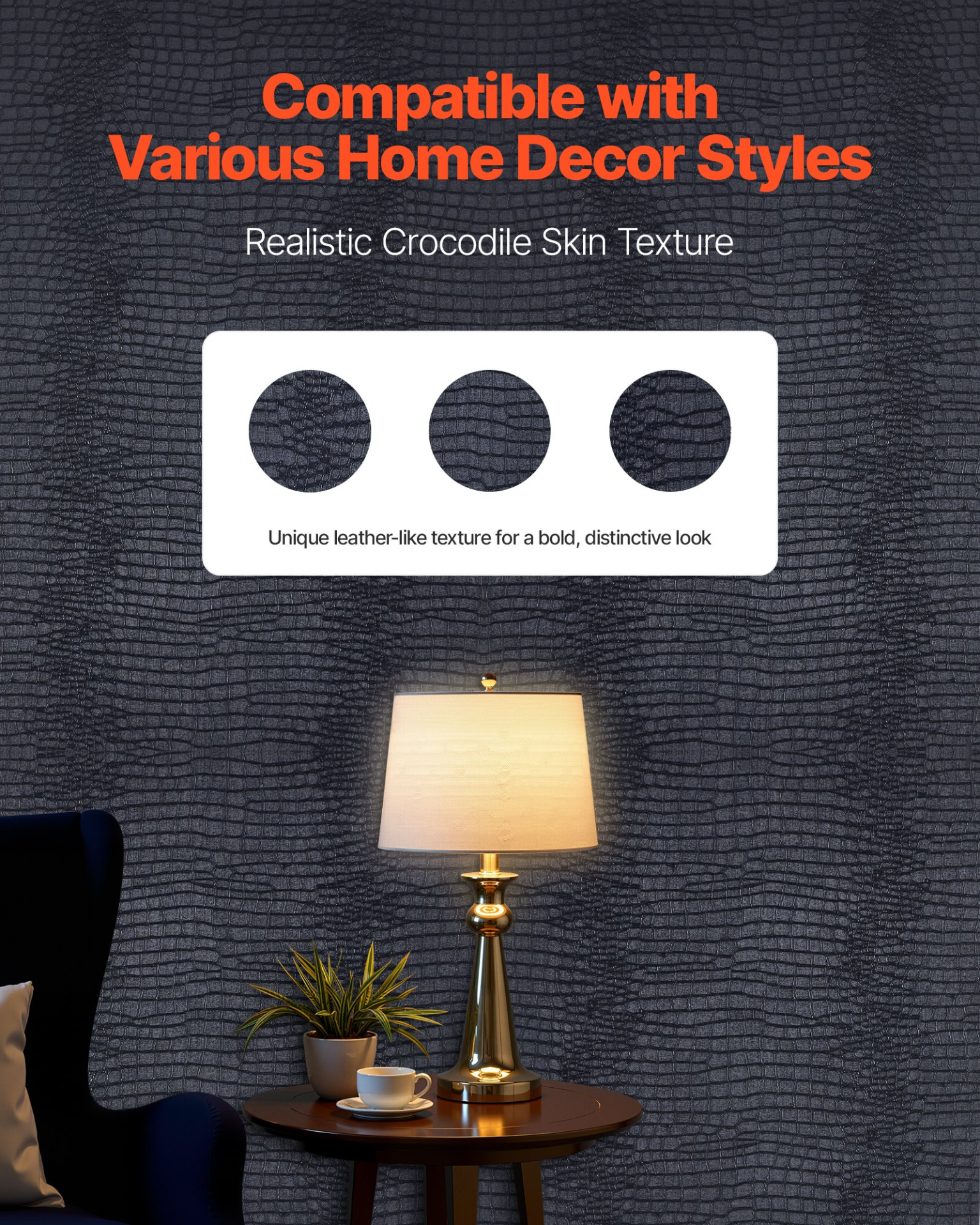 VEVOR Black Cracked Texture Peel-and-Stick Wallpaper Roll | Self-Adhesive Vinyl Contact Paper for Walls and Surfaces