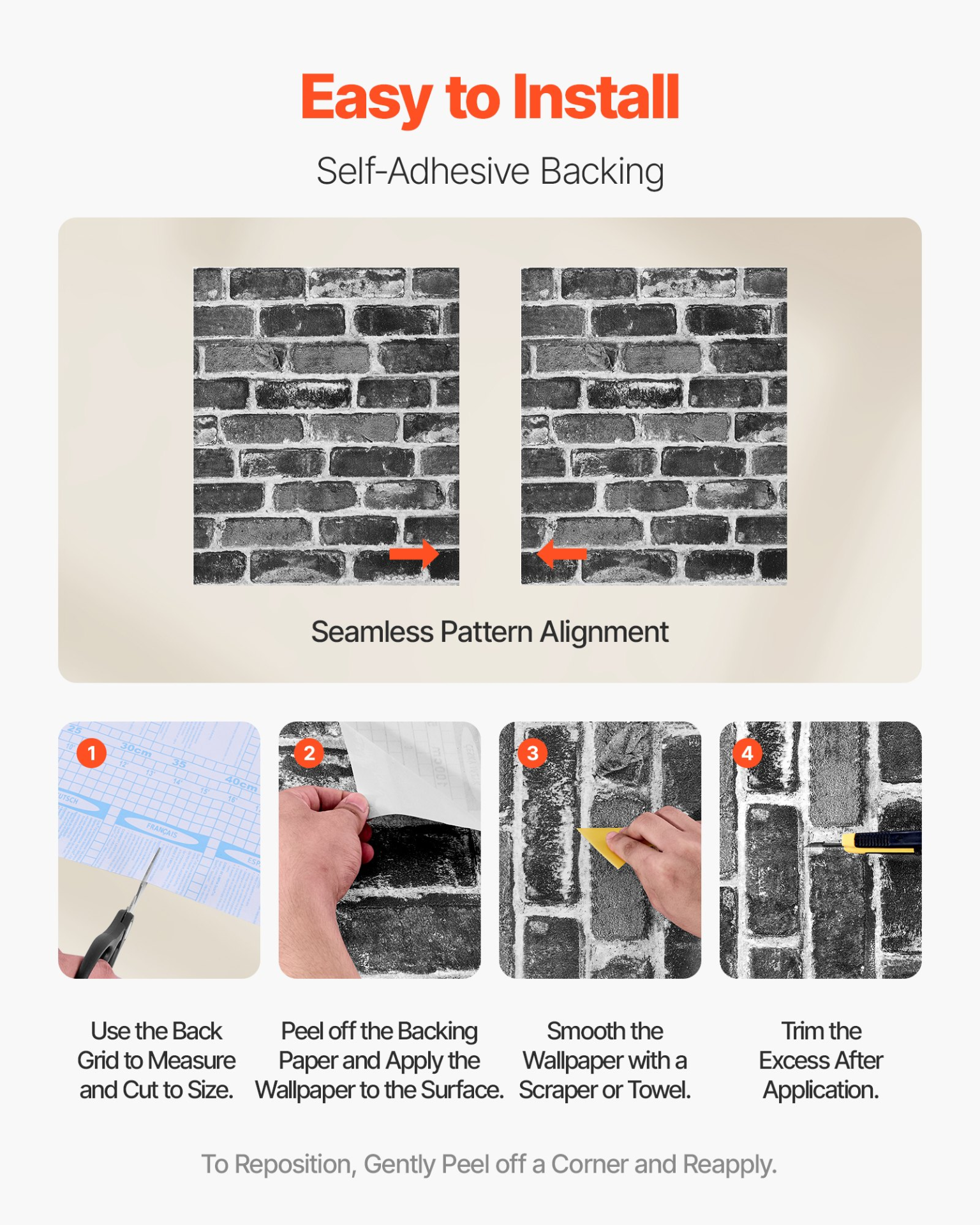VEVOR Gray Brick Peel-and-Stick Wallpaper Roll | Self-Adhesive Vinyl Wall Covering for Home and Office