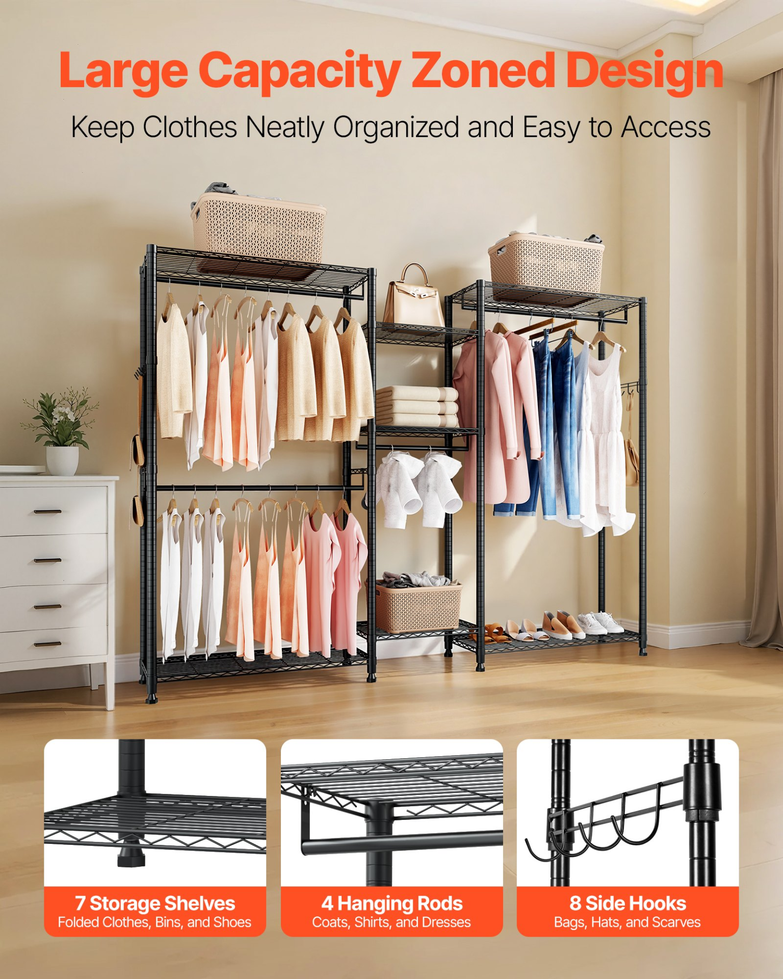 VEVOR Clothing Garment Rack, Heavy Duty Closet Wardrobe, 7 Adjustable Tiers Clothes Racks with Steel Frame, 850 lbs Load Capacity Clothes Rack with 4 Hanging Rods for Bedroom, Clothing Store, Hallway