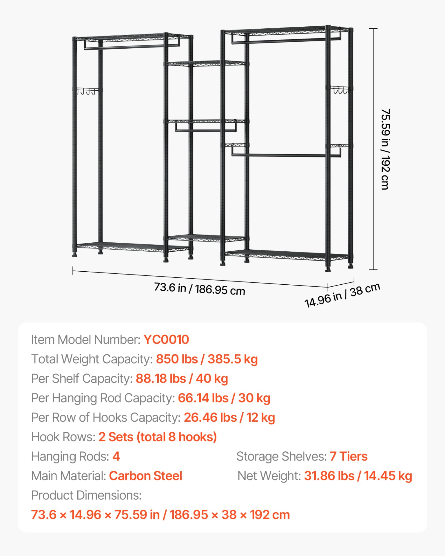 VEVOR Clothing Garment Rack, Heavy Duty Closet Wardrobe, 7 Adjustable Tiers Clothes Racks with Steel Frame, 850 lbs Load Capacity Clothes Rack with 4 Hanging Rods for Bedroom, Clothing Store, Hallway