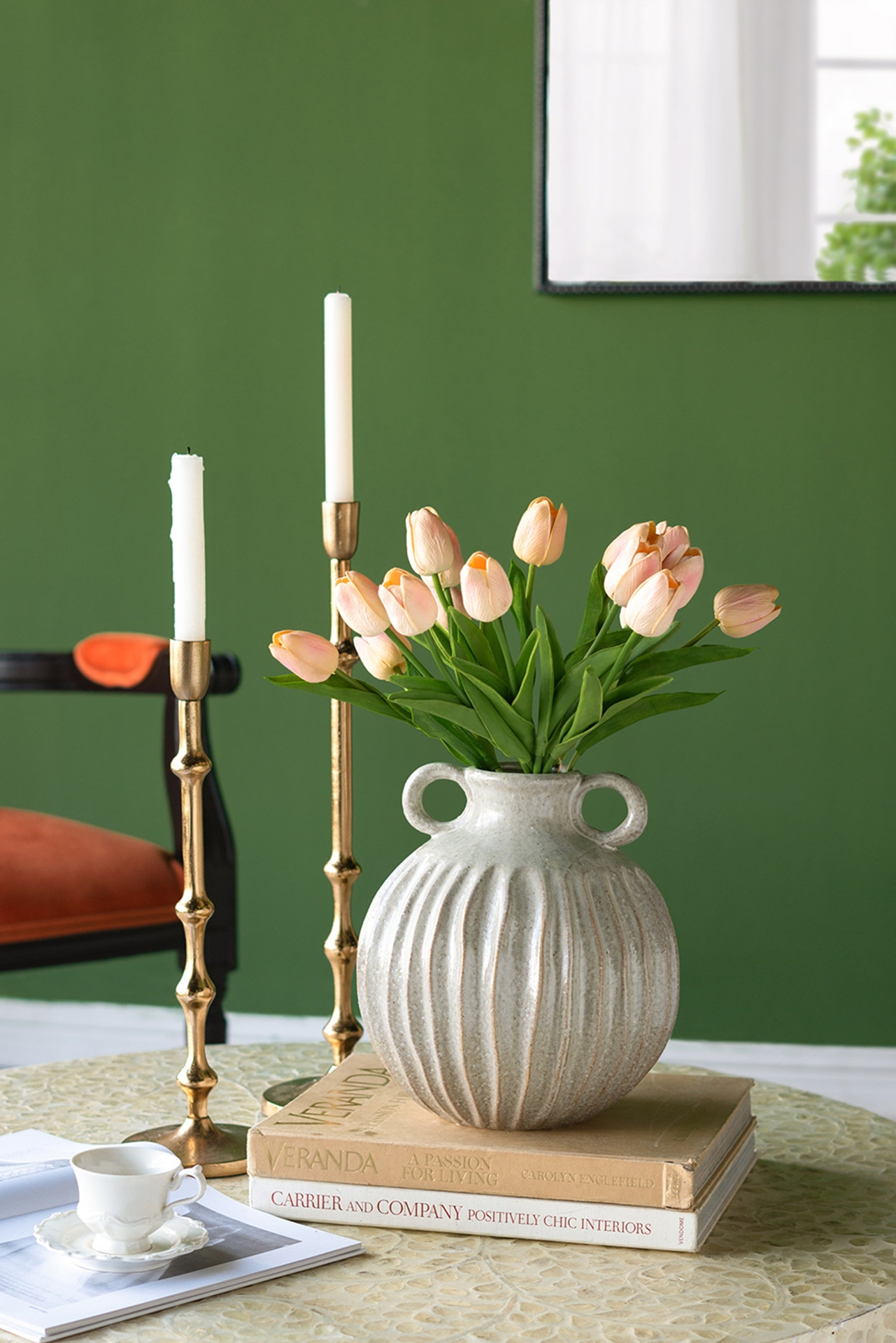 9x9x10' Decorative Round Ceramic Flower Vase with Small Handles and Textured Motif, Gold