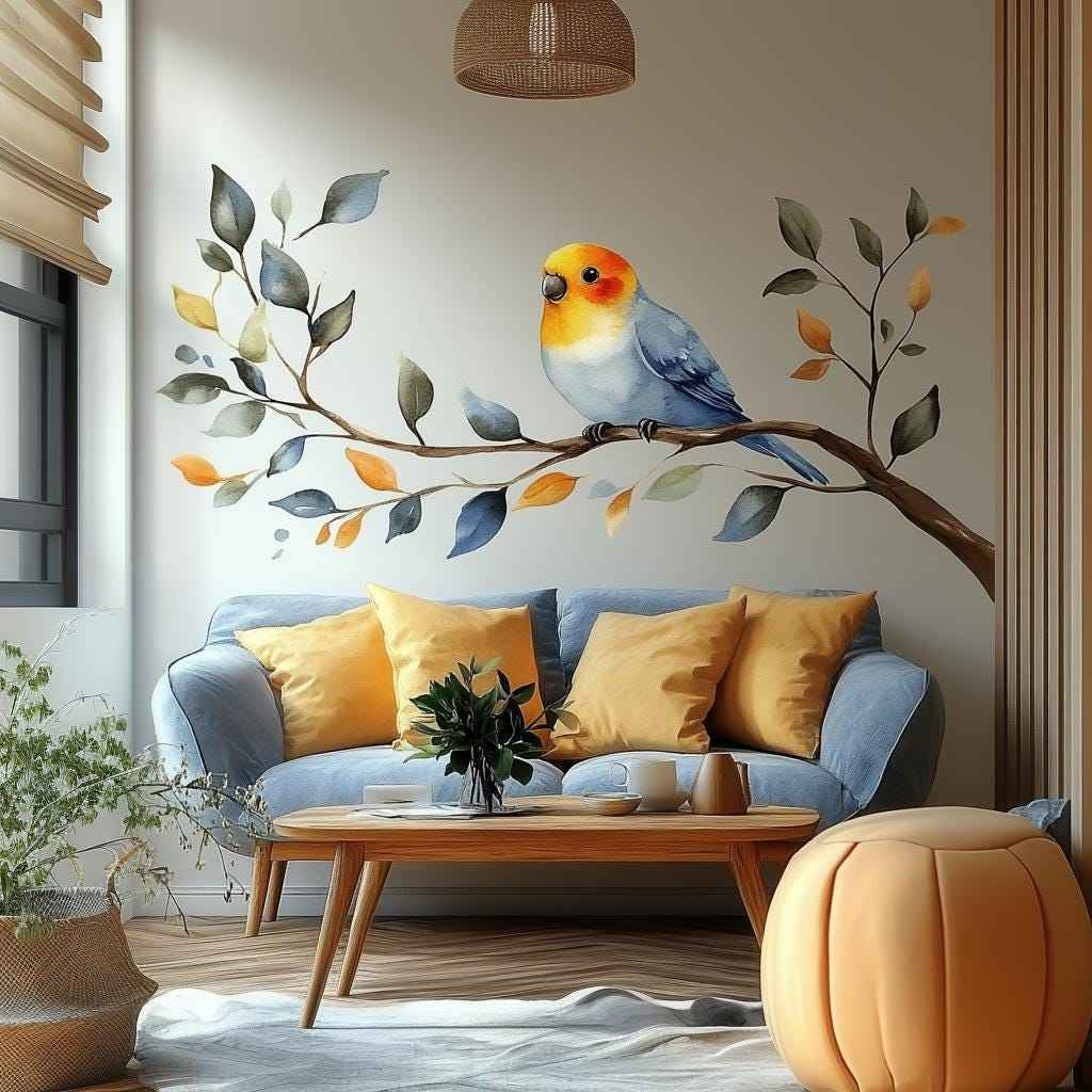 Bird on Branch Wall Decal | Watercolor Style Vinyl Sticker | Nature Inspired Wall Art | Colorful Bird Mural Living Room Botanical Wall Decor