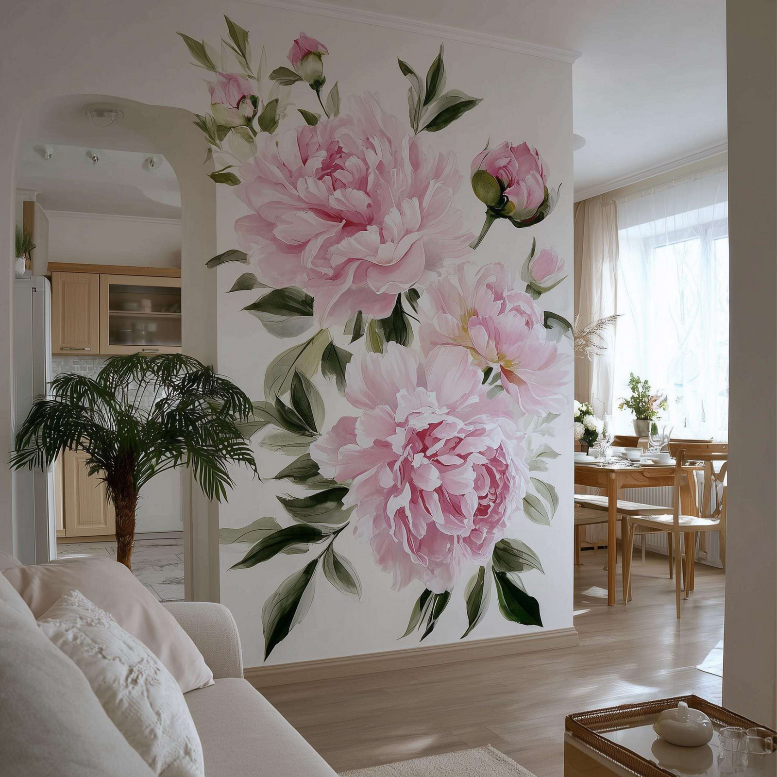 Pink Peony Wall Mural | Large Floral Wall Decal | Romantic Flower Wall Art for Living Room or Bedroom | Removable Vinyl Botanical Sticker