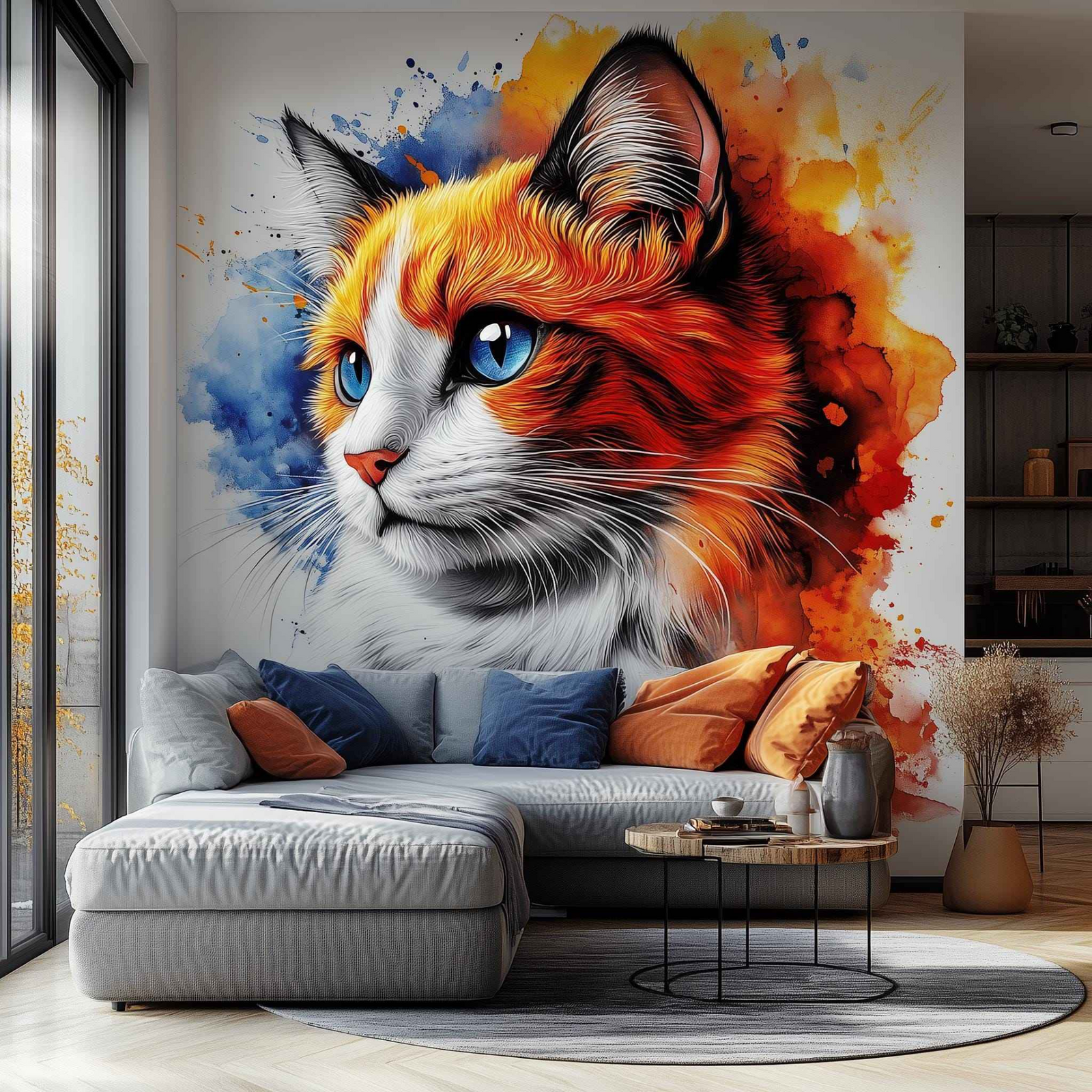 Cat Wall Decal | Blue Eyed Ginger Cat Watercolor Sticker | Artistic Vinyl Wall Art | Animal Mural for Living Room or Studio Decor