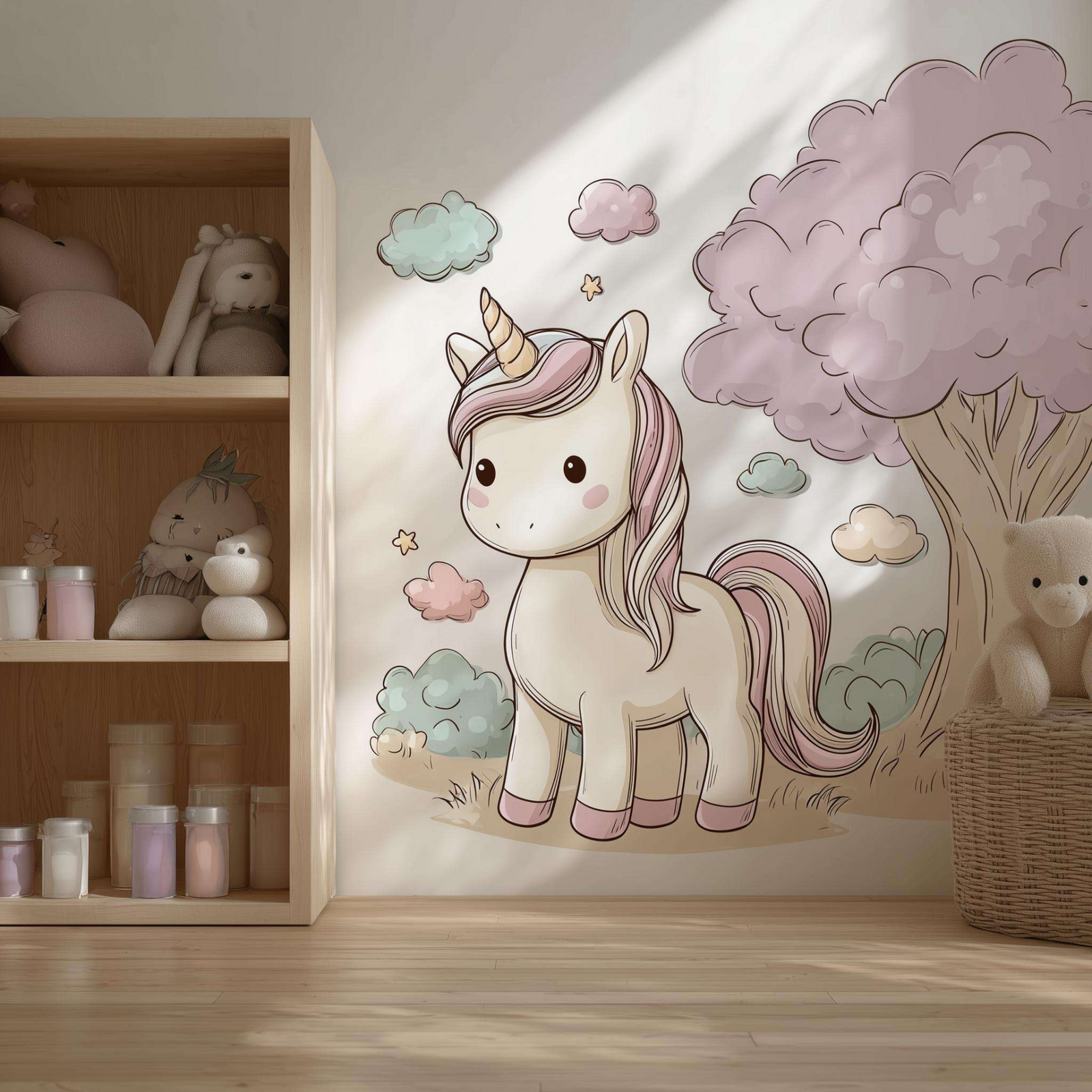 Cute Unicorn Wall Decal | Pastel Cartoon Unicorn Wall Sticker for Girls' Nursery or Bedroom | Kawaii Removable Vinyl Mural for Kids