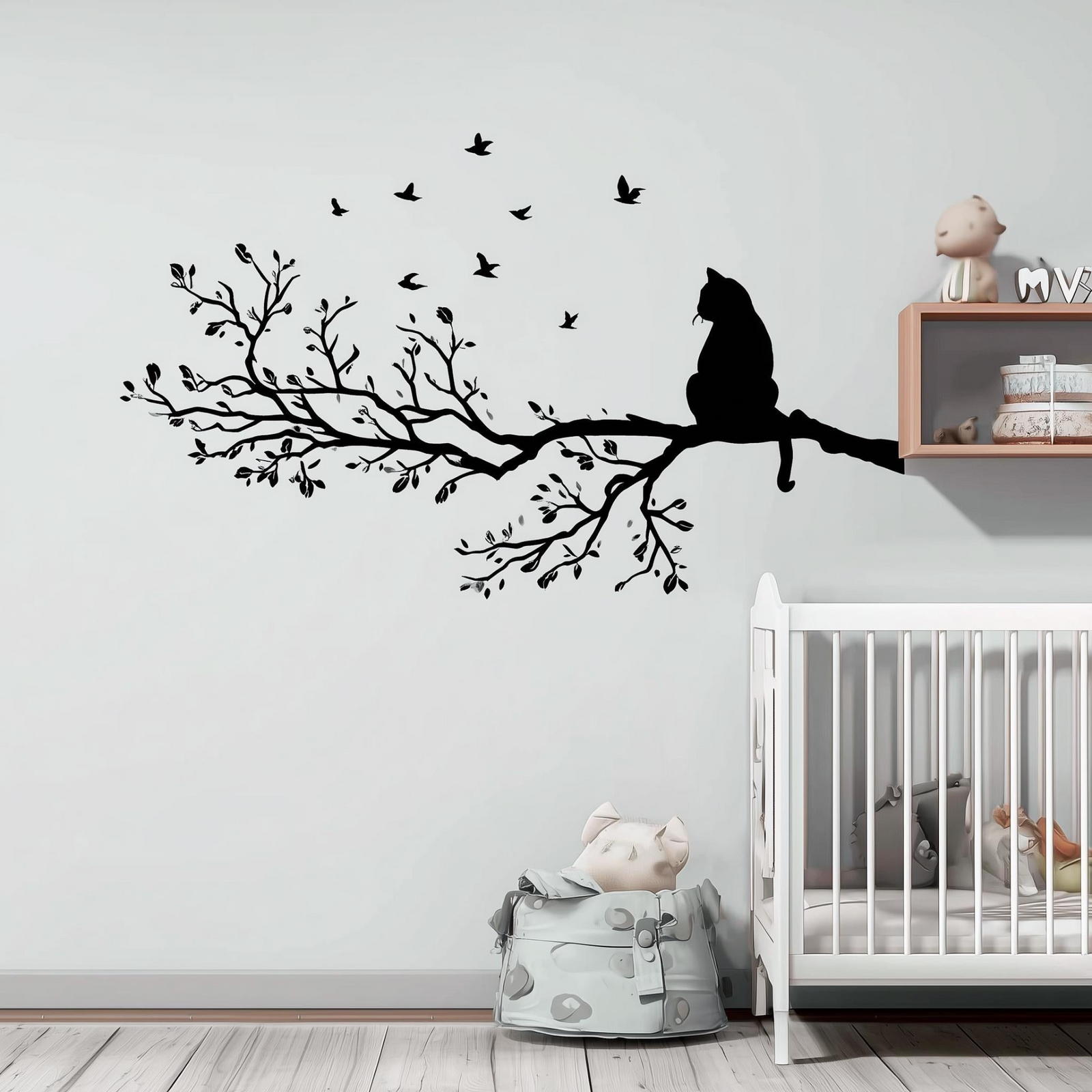 Cat on Tree Branch Wall Decal – Removable Vinyl Silhouette Wall Sticker for Nursery, Bedroom, or Reading Corner