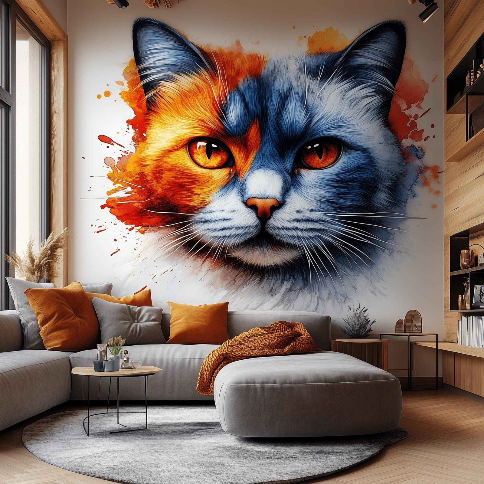 Cat Face Wall Decal | Two-Tone Watercolor Cat Sticker | Blue and Orange Cat Wall Art | Artistic Vinyl Mural | Bold Modern Animal Decor
