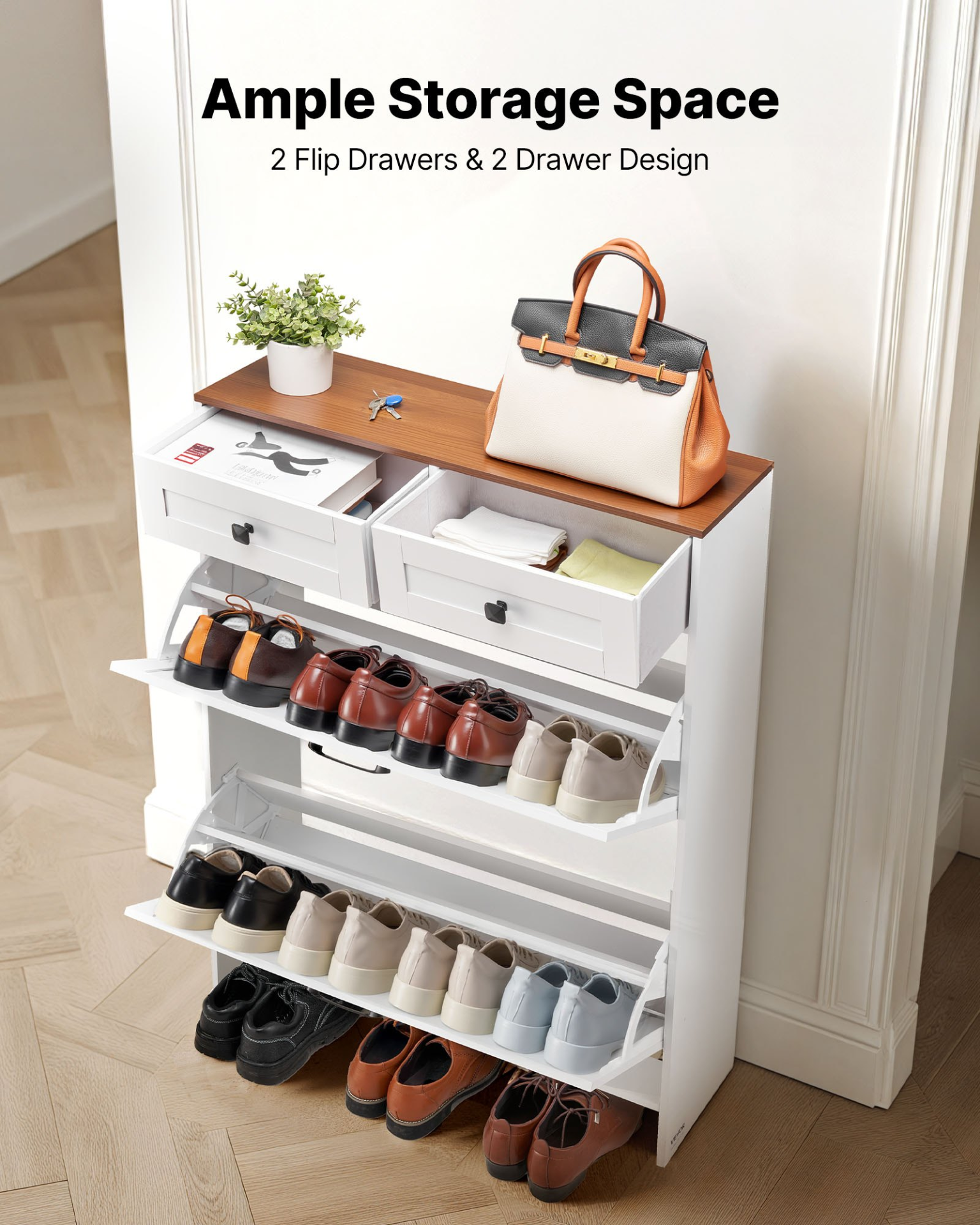 VEVOR Shoe Cabinet with 2 Flip Drawers, Farmhouse Shoes Storage Cabinet with 2 Drawers and Anti-Tipping Device, Freestanding Shoe Organizer Ideal for Entryway, Hallway, Bedroom, Living Room, White