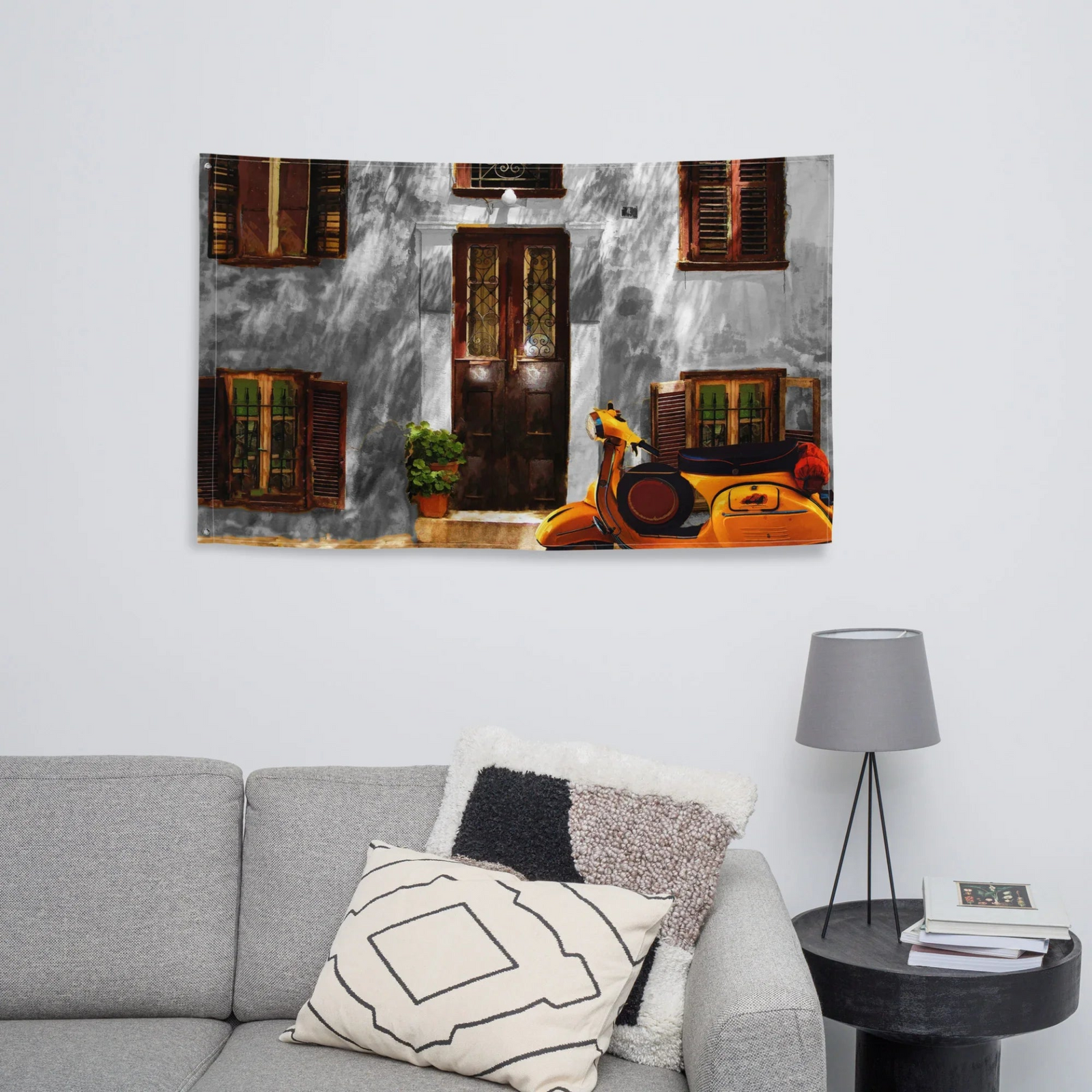 Vespa at Door Wall Tapestry – 100% Polyester Decorative Wall Hanging