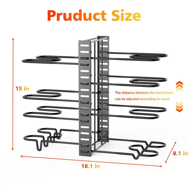 8-Tier Adjustable Pots and Pans Organizer Rack for Cabinets – Metal Kitchen Storage, Cookware and Lid Holder, Stackable Dish Rack for Kitchen Organization