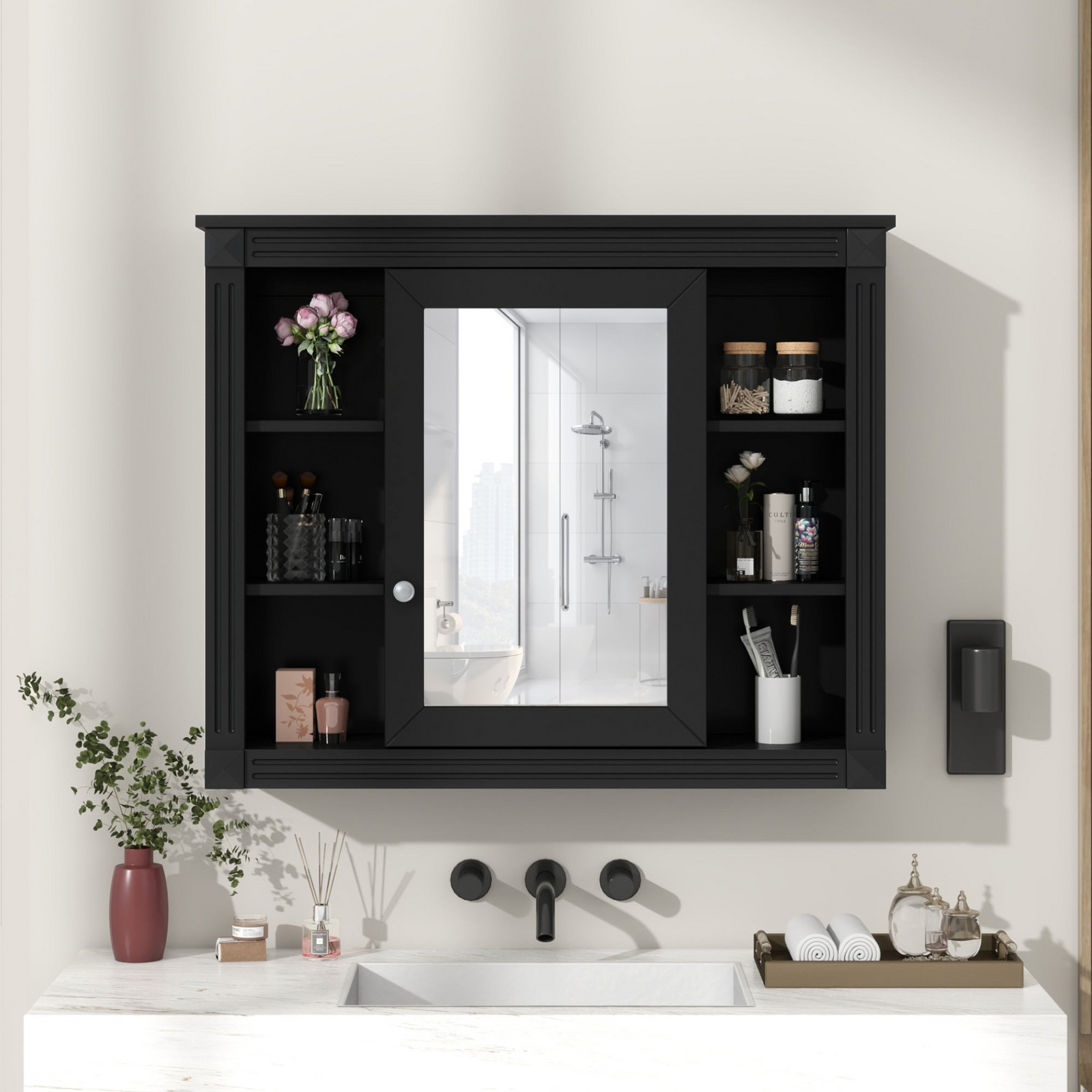 35″ × 28″ Wall-Mounted Bathroom Mirror Cabinet – Modern Medicine Cabinet with 6 Open Shelves (Vanity Not Included)