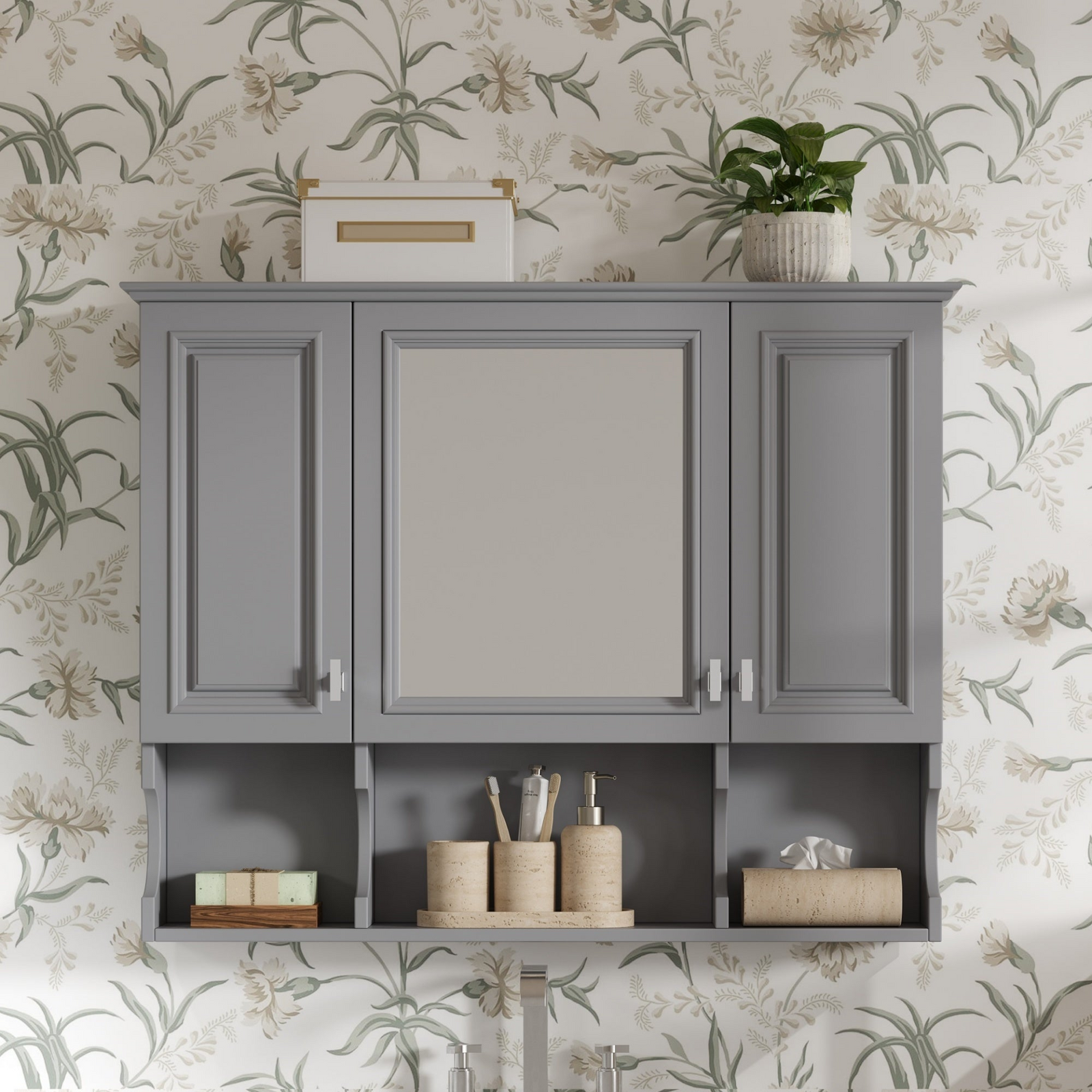 35'' x 28'' Wall Mounted Bathroom Medicine Cabinet, Modern Bathroom Wall Cabinet with Mirror,  Mirror Cabinet with Open Shelves