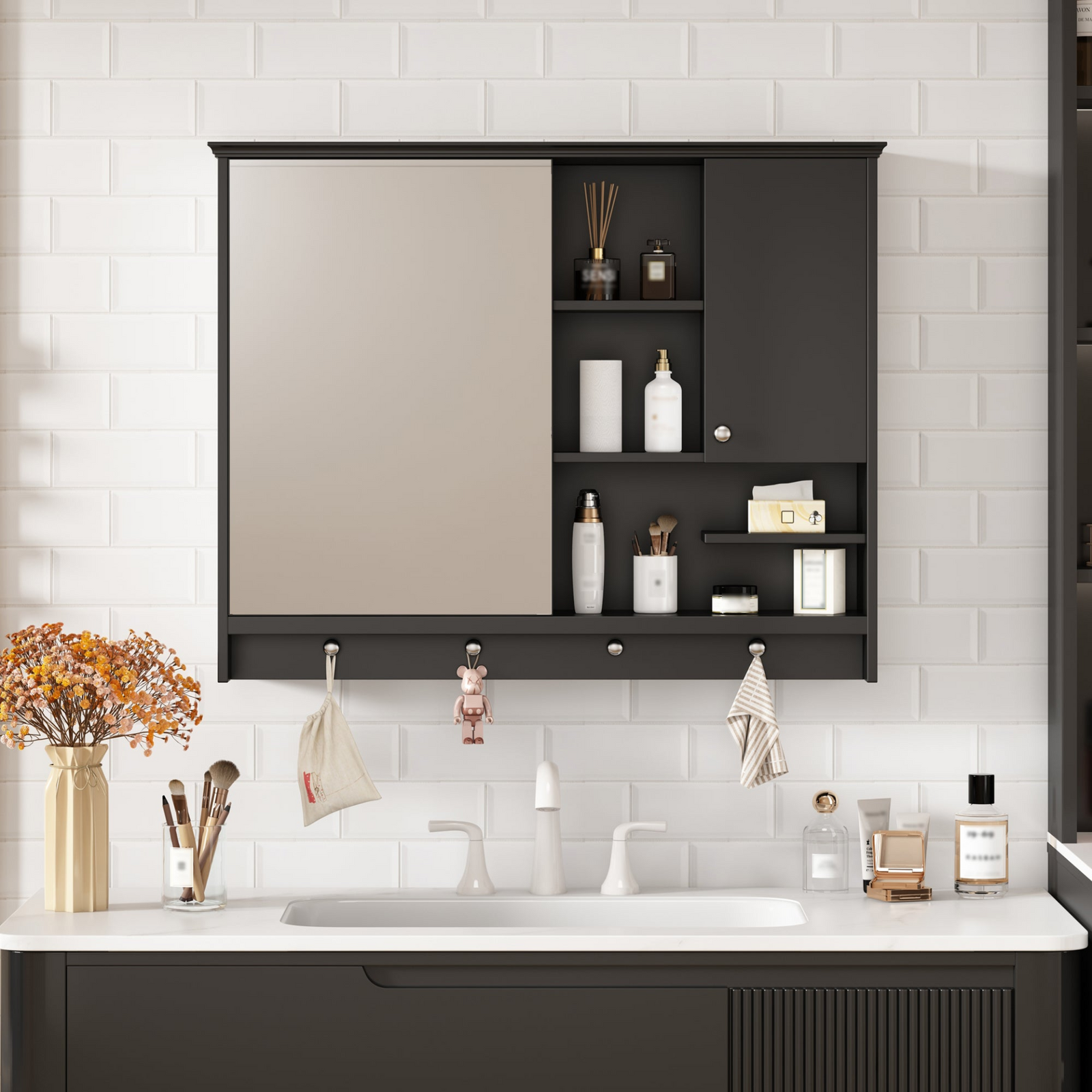 36 Inch Wall Mounted Medicine Cabinet, Bathroom Storage Cabinet with Mirror Door and Adjustabl Shelf, Mirror Cabinet for Bathroom