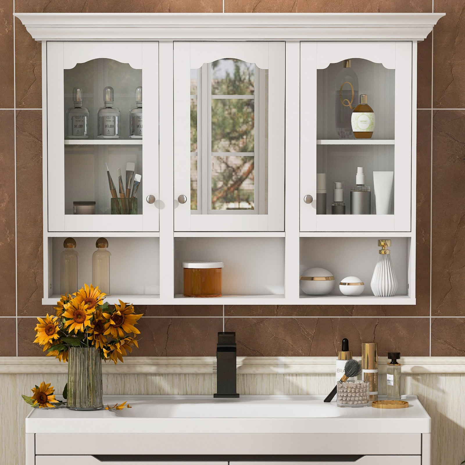 47' Wall Mounted Bathroom Cabinet with Mirror, Cabinet with 3 Adjustable Shelves and 3 Open Compartments for Bathroom, Over The Toilet Space Saver Storage Cabinet with Glass Doors