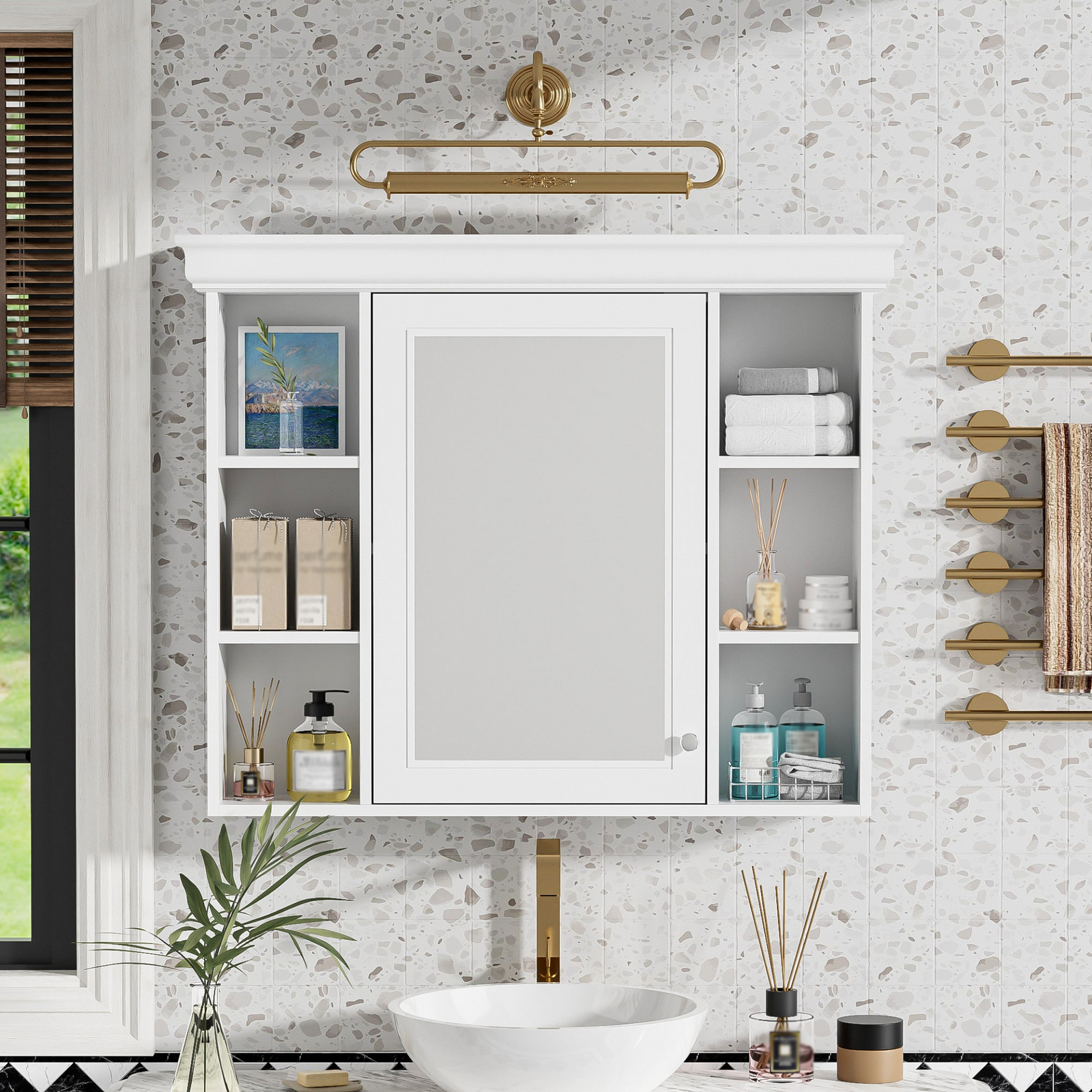 35'' x 28'' White Wall Mounted Bathroom Storage Cabinet with Mirror Door, Modern Bathroom Wall Cabinet with Mirror, Medicine Cabinet with 6 Open Shelves