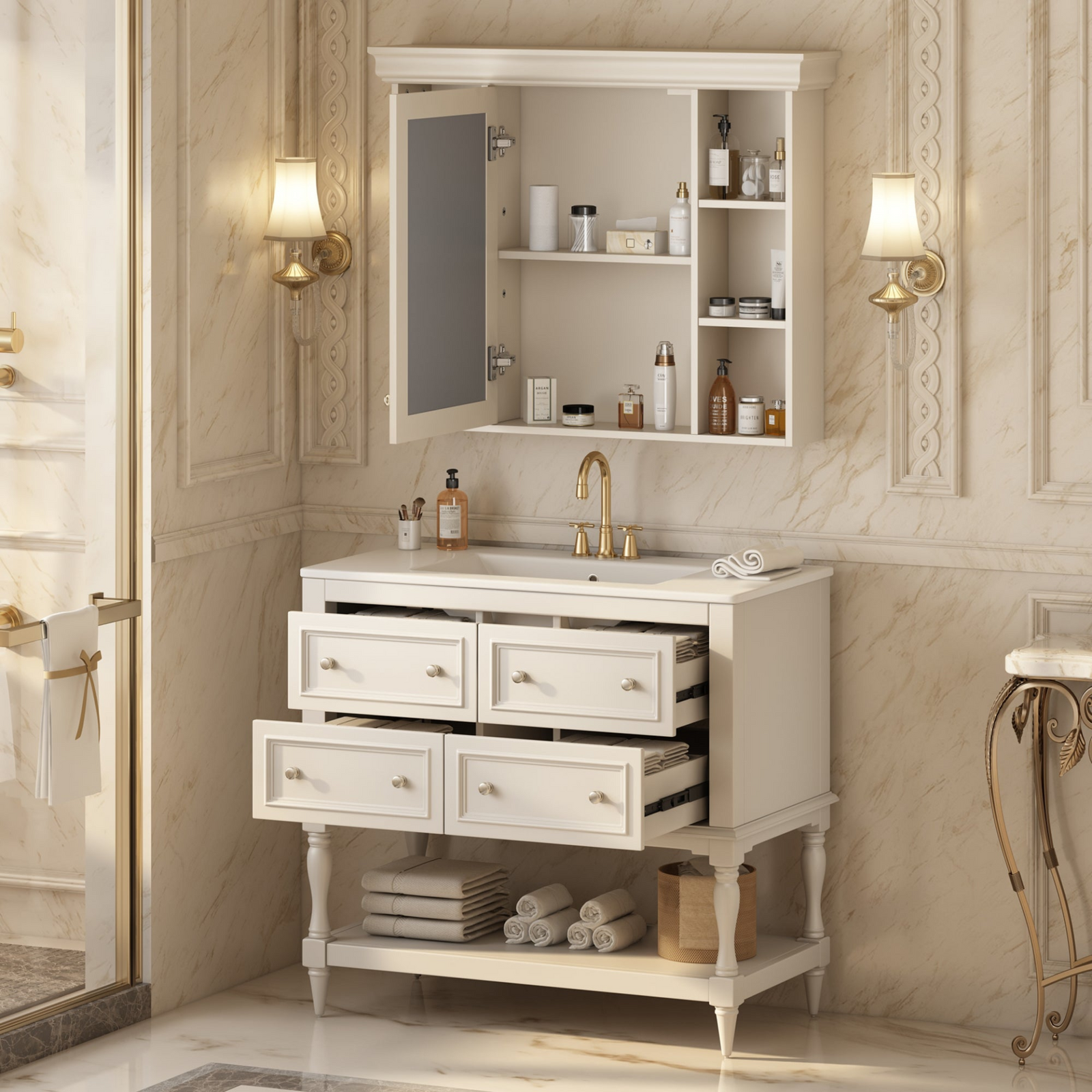 36″ Modern Bathroom Vanity with Medicine Cabinet – Mirror Storage Cabinet with Adjustable Shelf & 4 Drawers, Solid Wood Frame