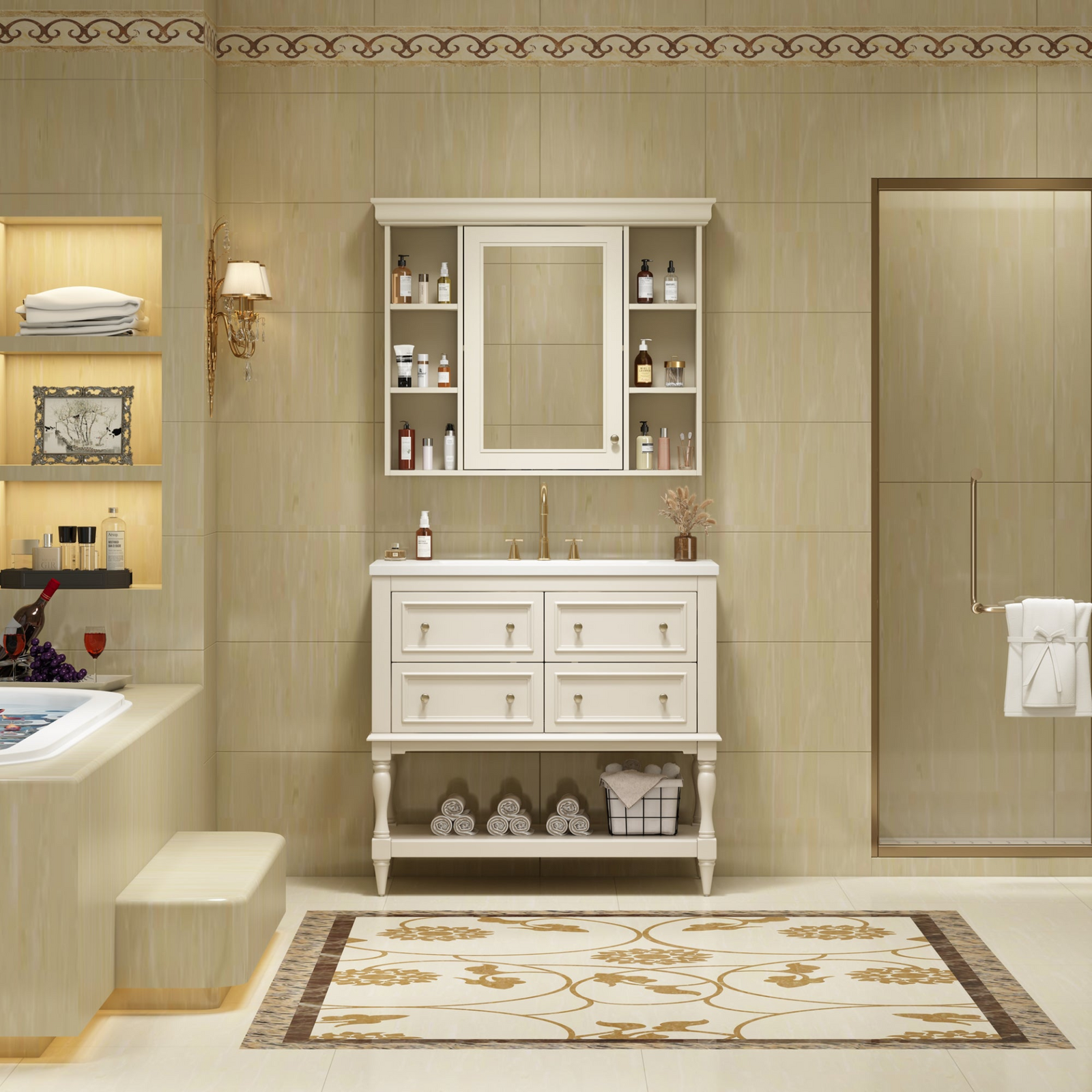 36″ Modern Bathroom Vanity with Medicine Cabinet – Mirror Storage Cabinet with Adjustable Shelf & 4 Drawers, Solid Wood Frame
