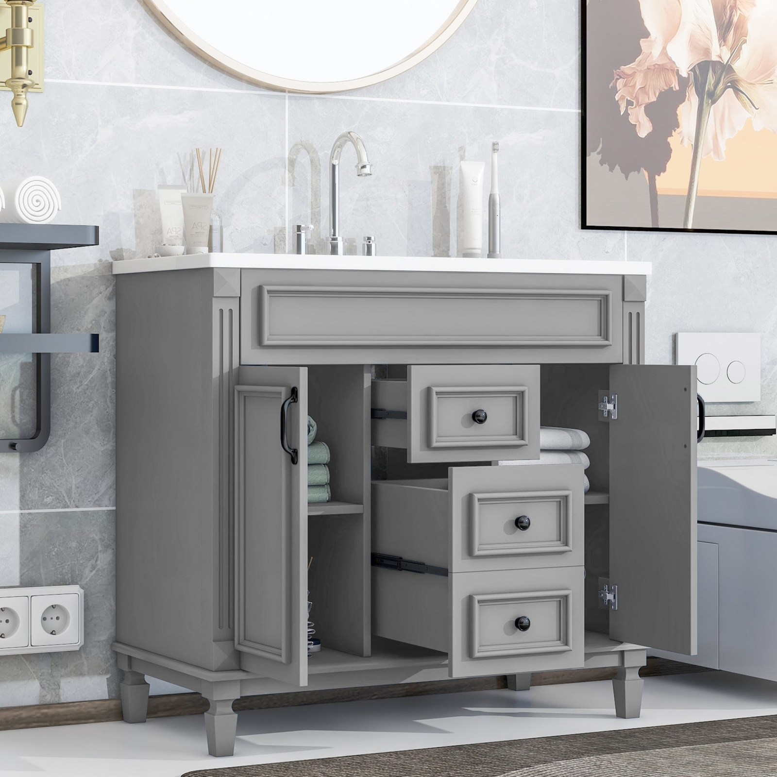 36″ Modern Bathroom Vanity with Integrated Sink – Freestanding Storage Cabinet with 2 Soft-Closing Doors & 2 Drawers, Single Sink Design